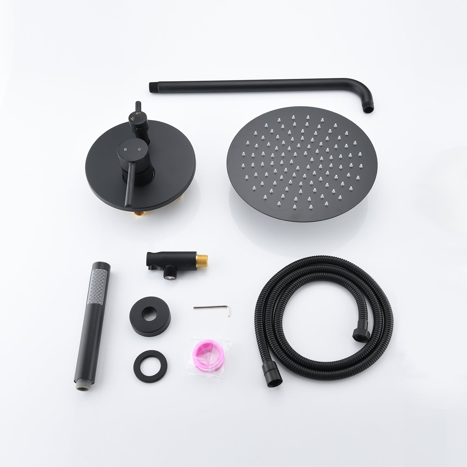 Wall Mounted Round Shower Combo Set With 10" Rain Shower Head And Handheld Shower Head Set With Pressure Balancing Valve Matt Black Brass