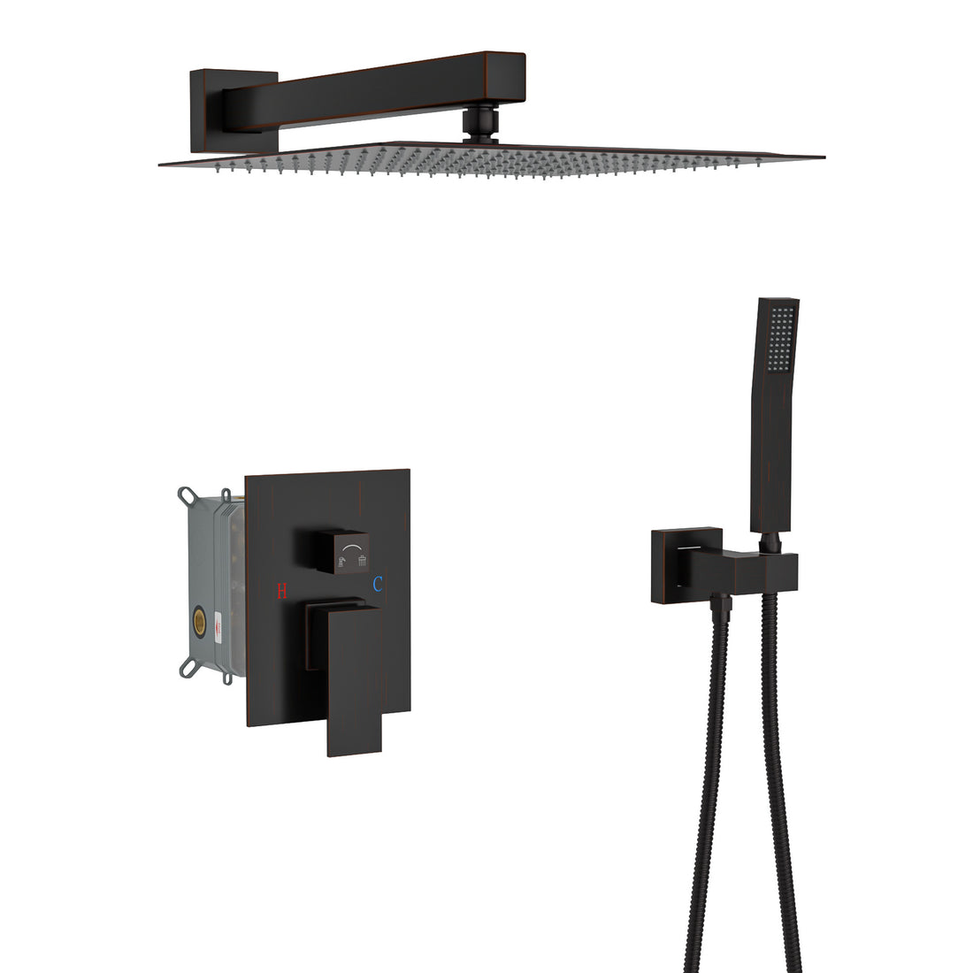 Dual Shower Head 10 Inch Wall Mounted Square Shower System With Rough In Valve, Oil Rubber Bronze Oil Rubbed Bronze Stainless Steel