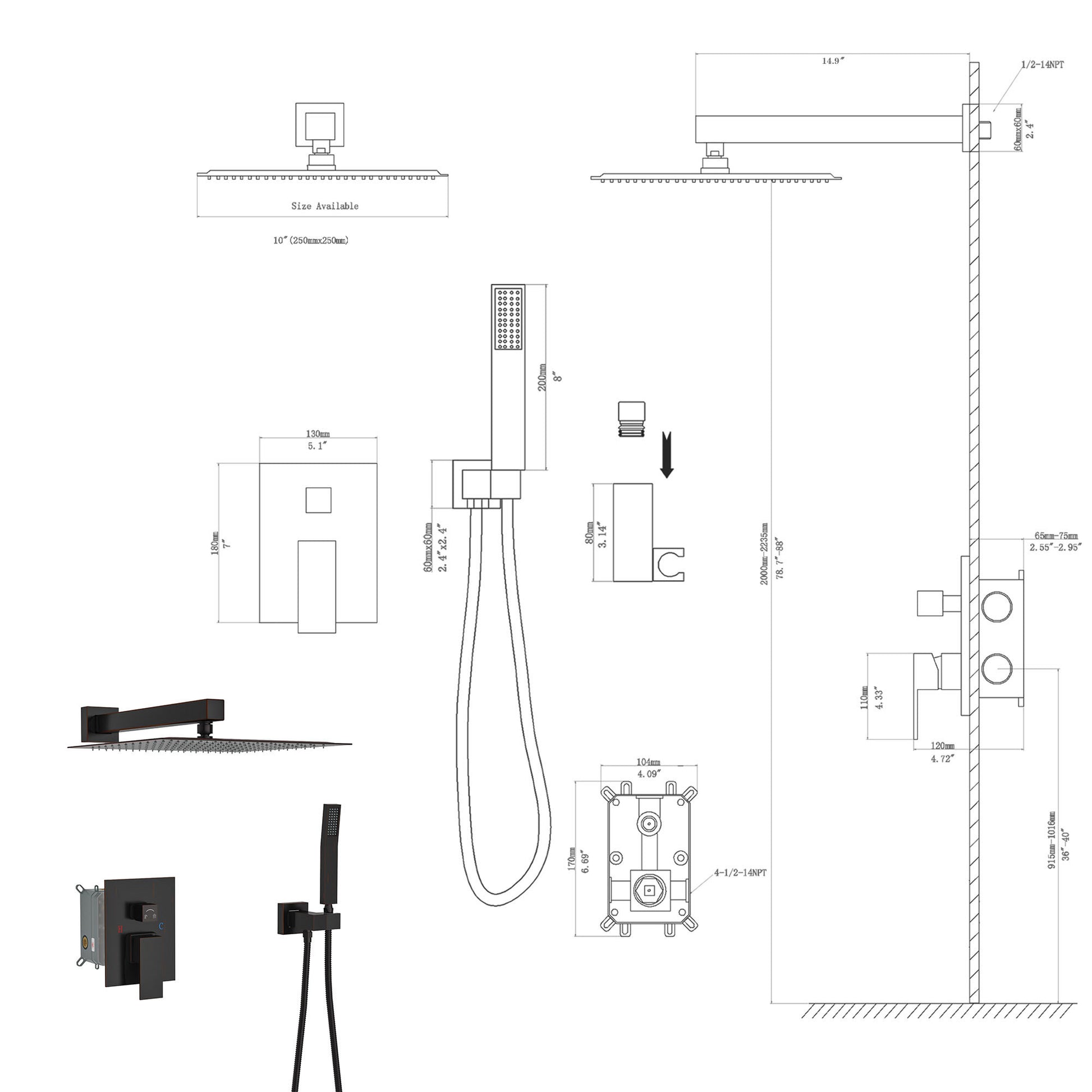 Dual Shower Head 10 Inch Wall Mounted Square Shower System With Rough In Valve, Oil Rubber Bronze Oil Rubbed Bronze Stainless Steel