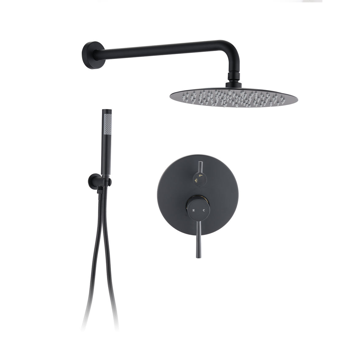 Wall Mounted Round Shower Combo Set With 10" Rain Shower Head And Handheld Shower Head Set With Pressure Balancing Valve Matt Black Brass