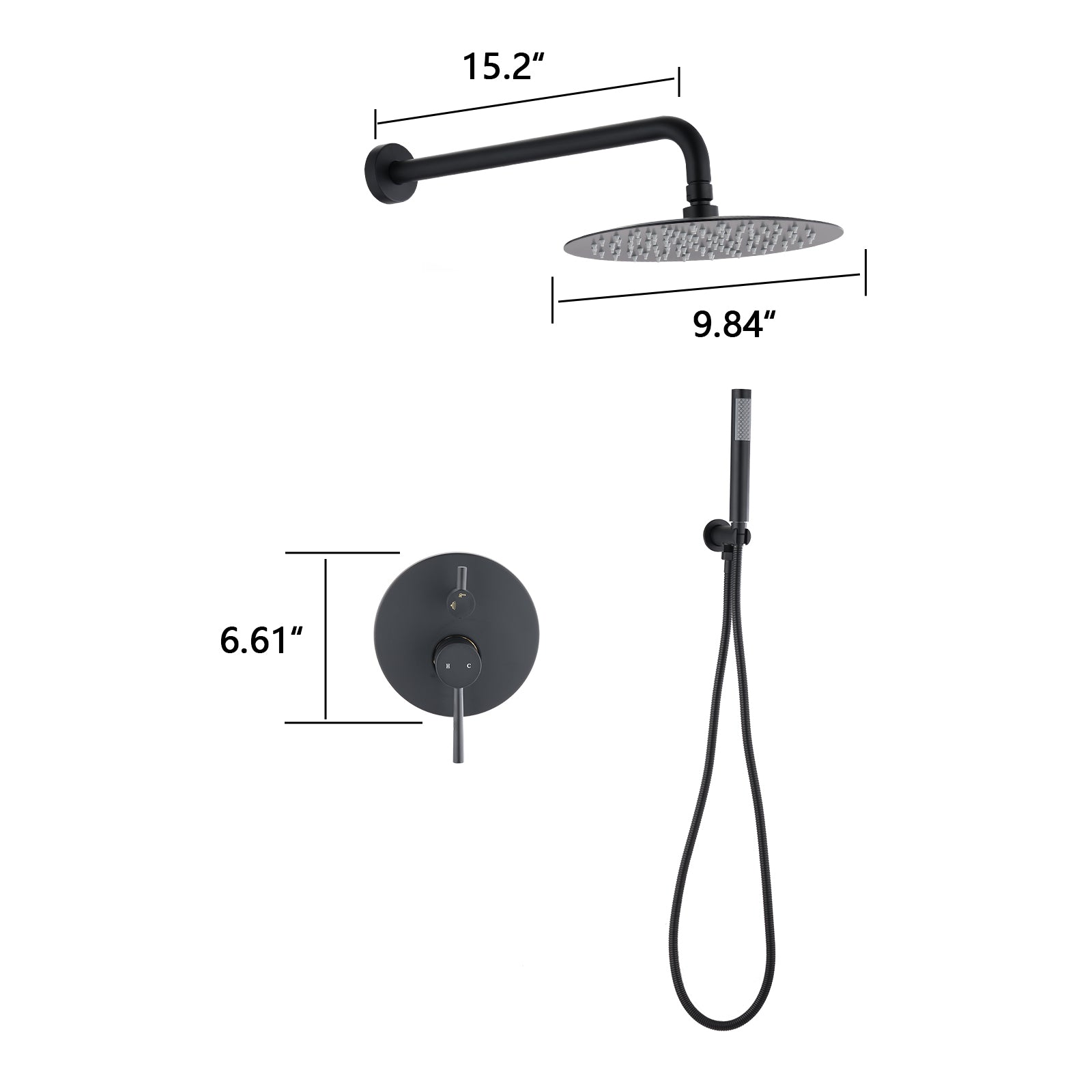 Wall Mounted Round Shower Combo Set With 10" Rain Shower Head And Handheld Shower Head Set With Pressure Balancing Valve Matt Black Brass