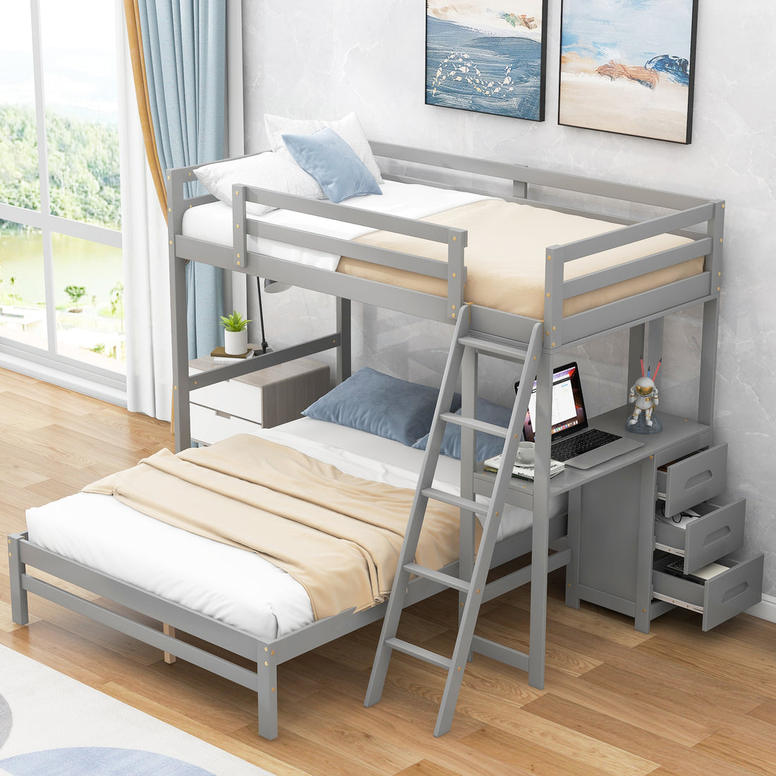 Twin Over Full Bunk Bed With Built In Desk And Three Drawers,Grey Grey Pine