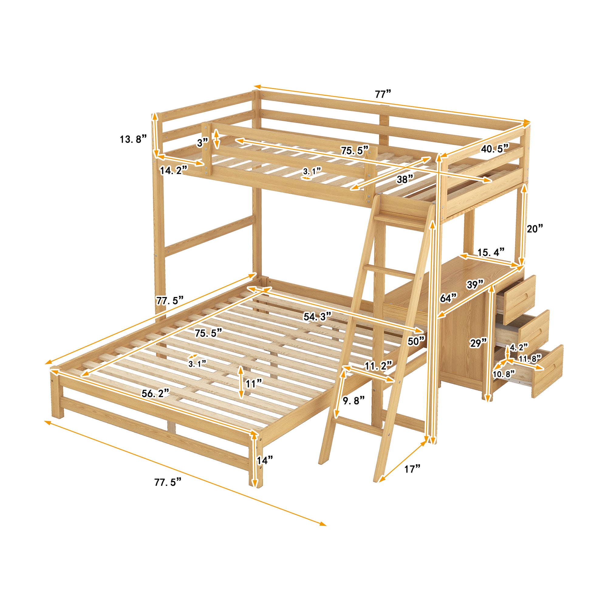 Twin Over Full Bunk Bed With Built In Desk And Three Drawers,Natural Old Sku: Sm000709Aad Twin Natural Pine