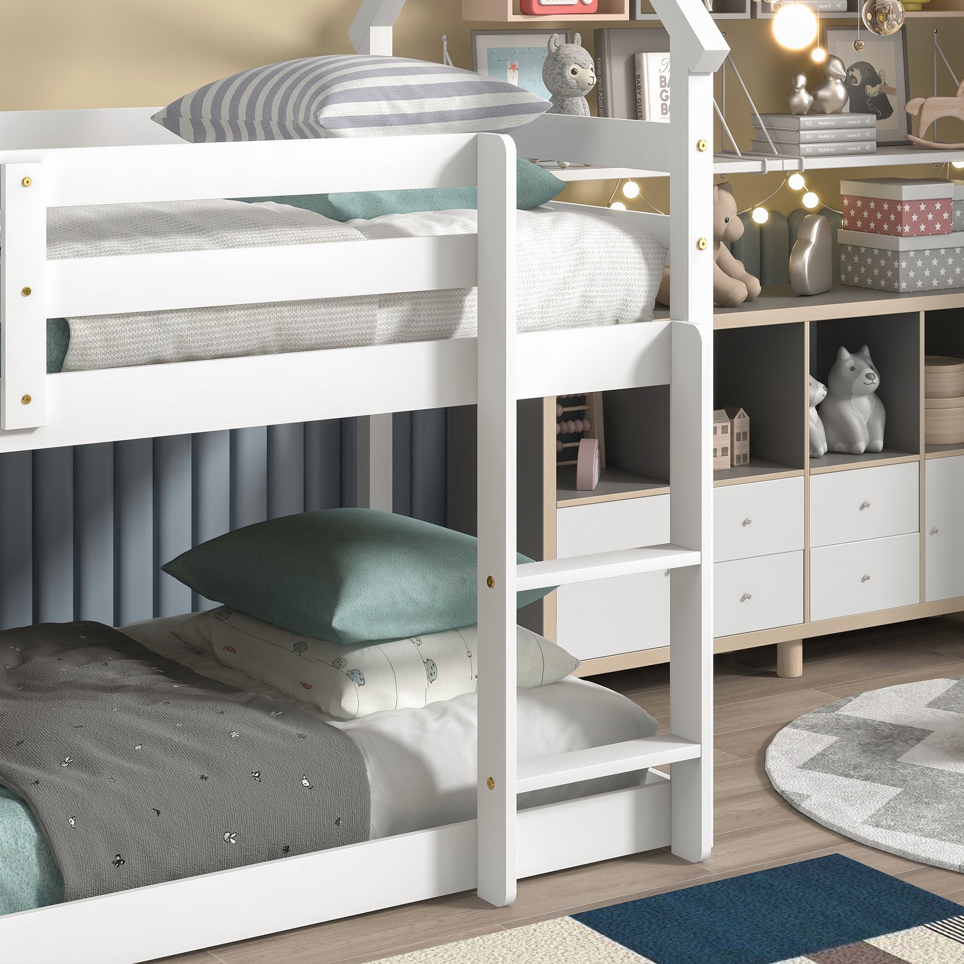 Twin Over Twin Loft Bed With Roof Design, Safety Guardrail, Ladder, White White Pine