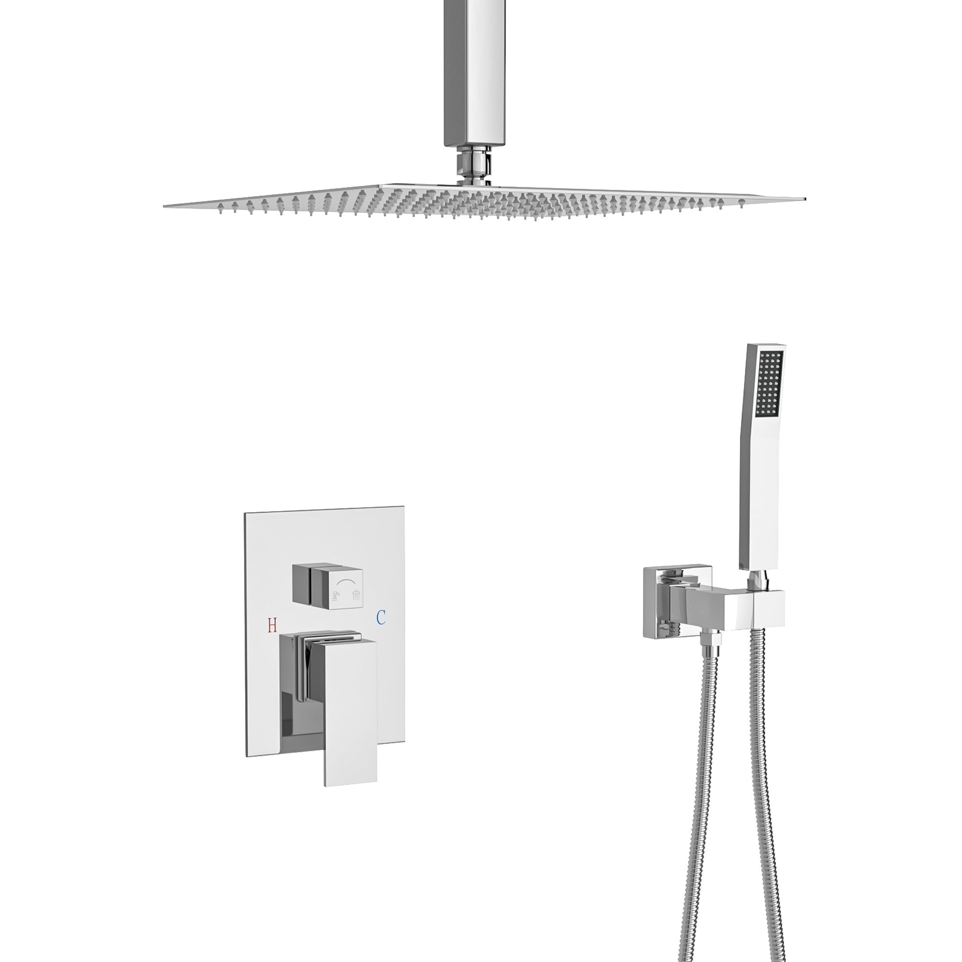 Dual Shower Head 10 Inch Ceiling Mount Square Shower System With Rough In Valve, Chrome Chrome Stainless Steel