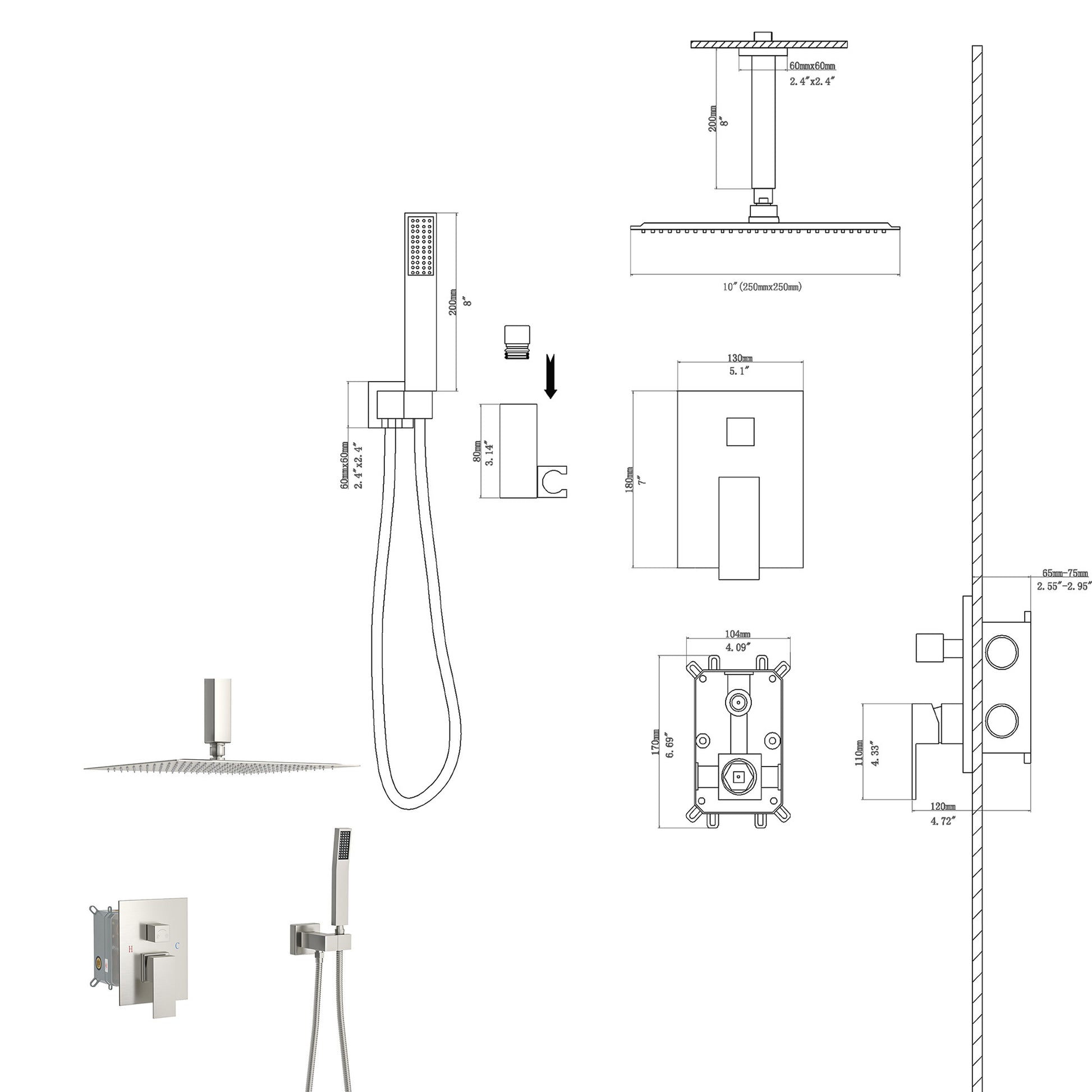 Dual Shower Head 10 Inch Ceiling Mount Square Shower System With Rough In Valve, Brushed Nickel Brushed Nickel Stainless Steel