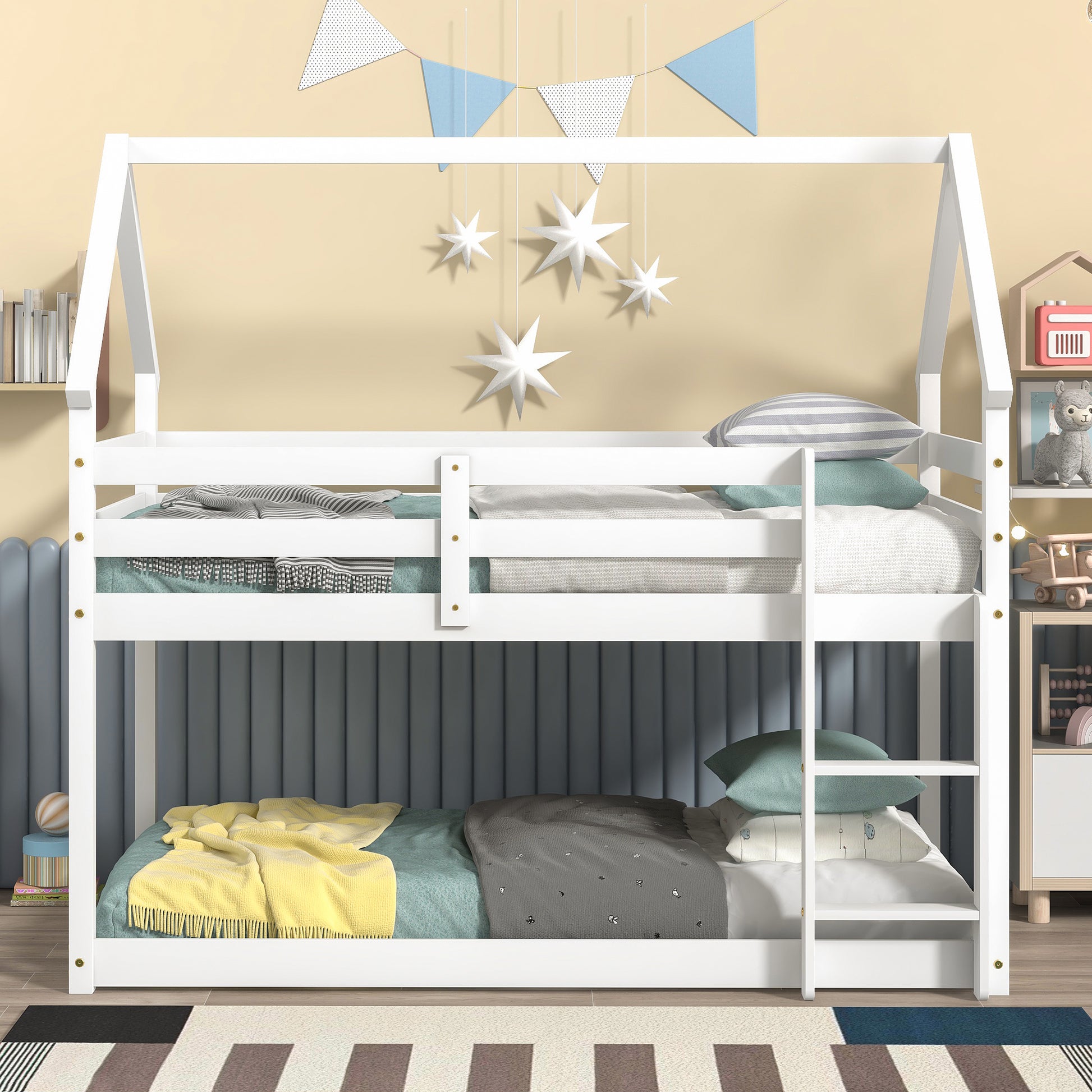 Twin Over Twin Loft Bed With Roof Design, Safety Guardrail, Ladder, White White Pine