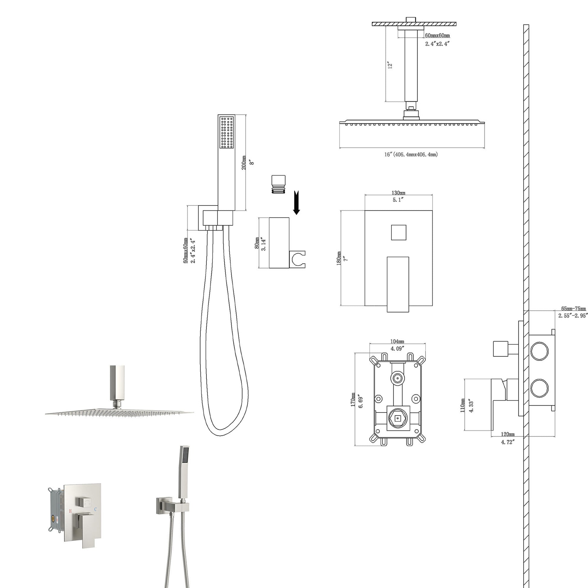 Dual Shower Head 16 Inch Ceiling Mount Square Shower System With Rough In Valve, Brushed Nickel Brushed Nickel Stainless Steel