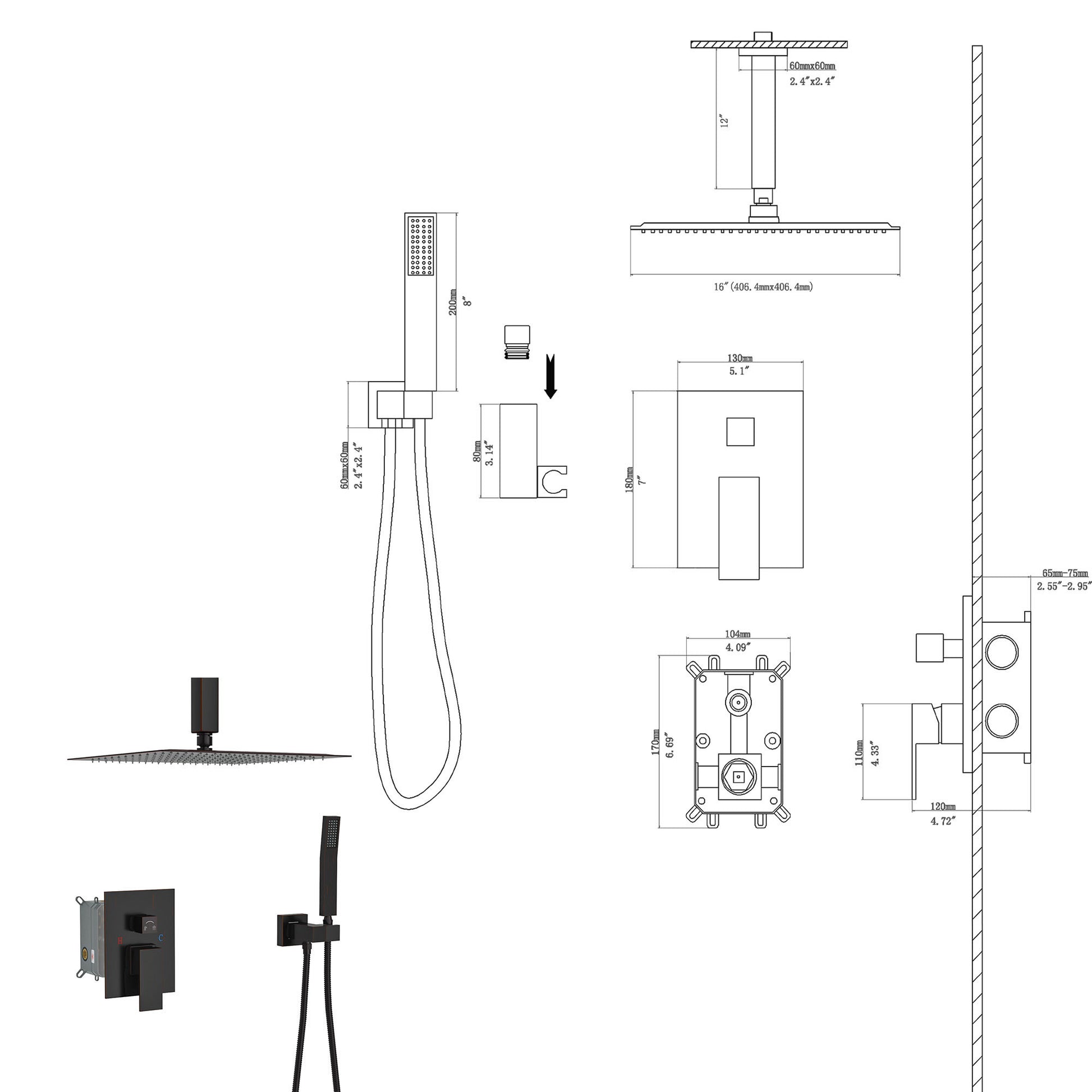 Dual Shower Head 16 Inch Ceiling Mount Square Shower System With Rough In Valve, Oil Rubber Bronze Oil Rubbed Bronze Stainless Steel