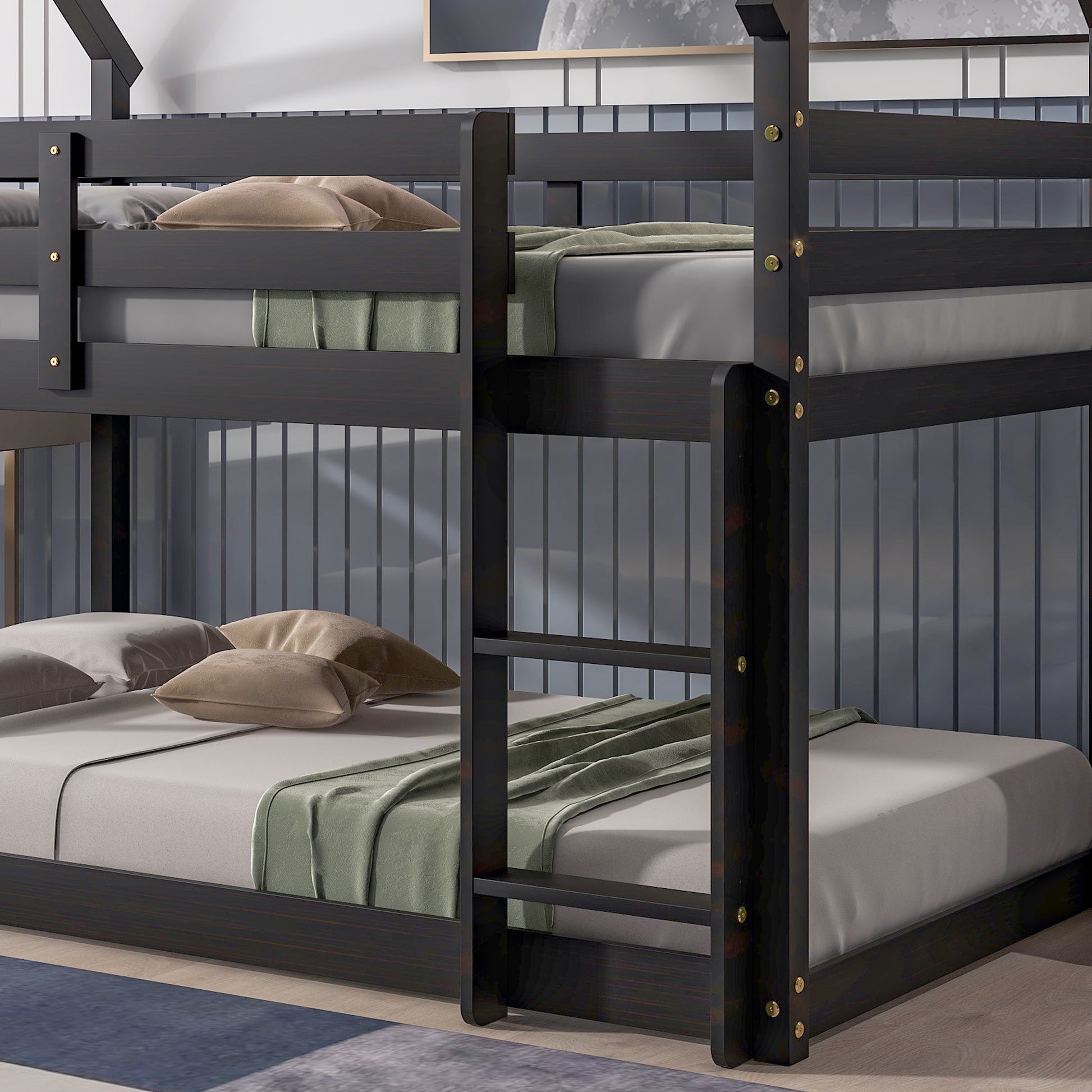 Twin Over Twin Loft Bed With Roof Design, Safety Guardrail, Ladder, Espresso Espresso Pine