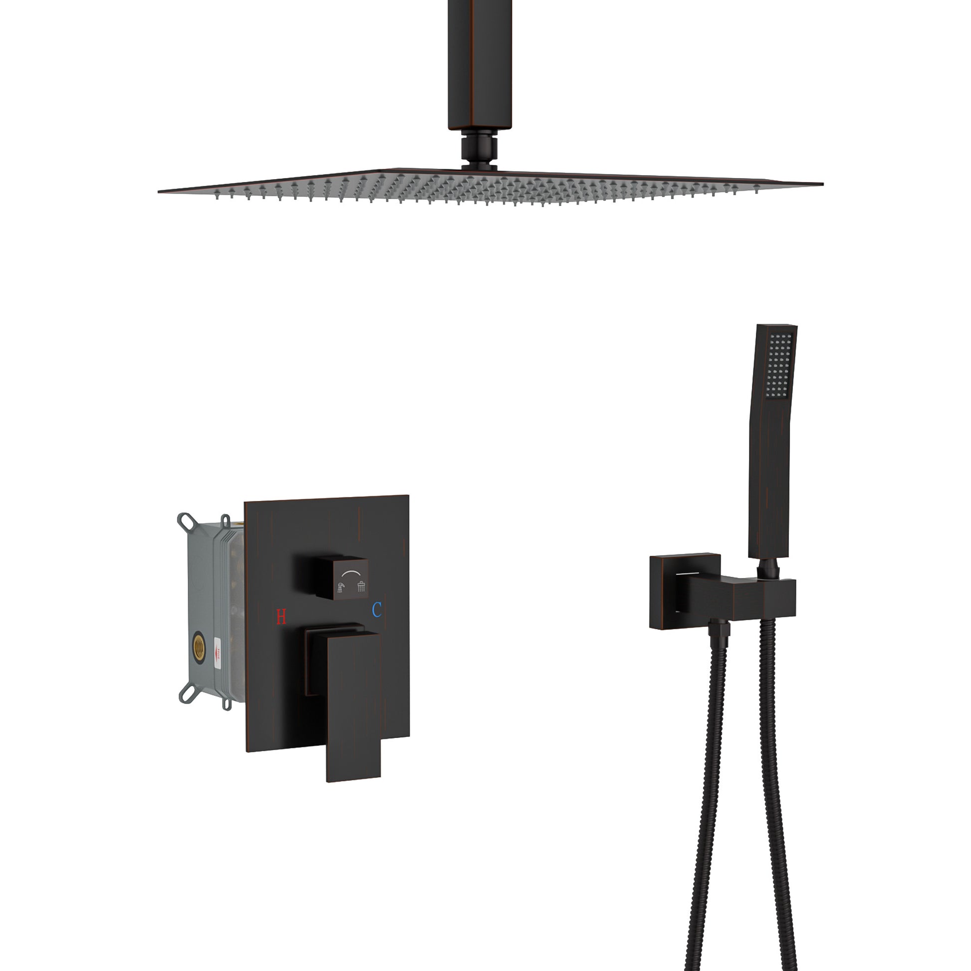 Dual Shower Head 16 Inch Ceiling Mount Square Shower System With Rough In Valve, Oil Rubber Bronze Oil Rubbed Bronze Stainless Steel