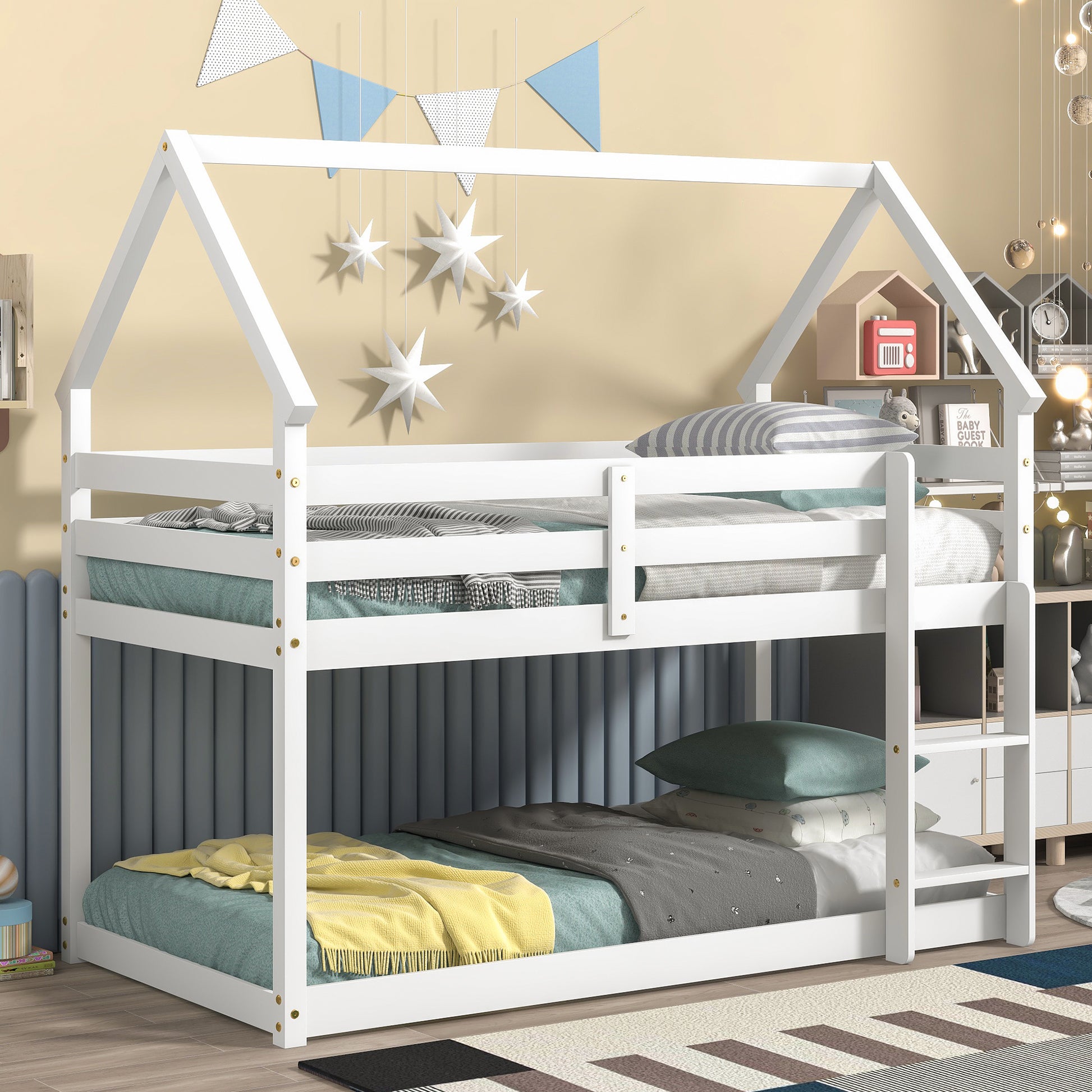 Twin Over Twin Loft Bed With Roof Design, Safety Guardrail, Ladder, White White Pine