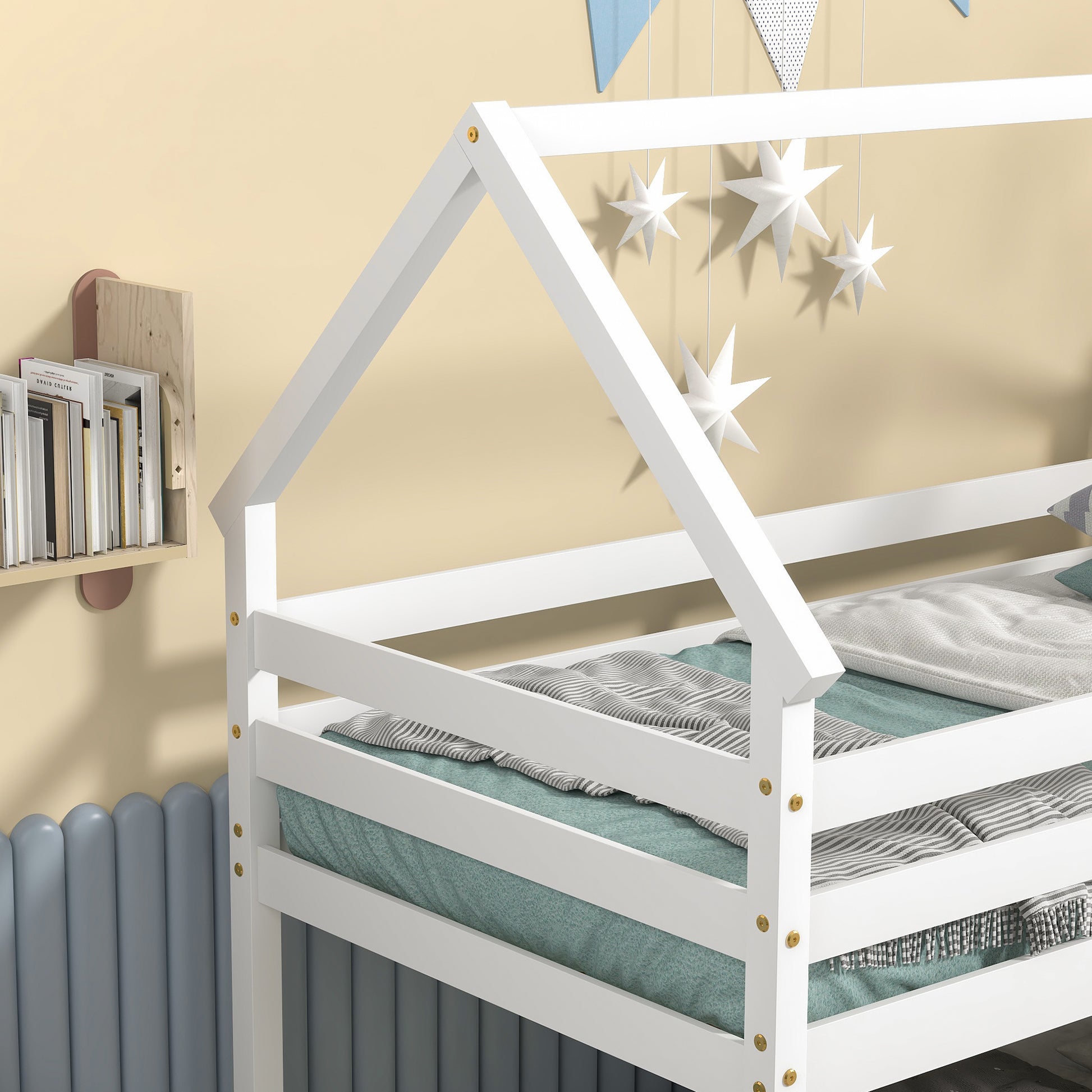 Twin Over Twin Loft Bed With Roof Design, Safety Guardrail, Ladder, White White Pine