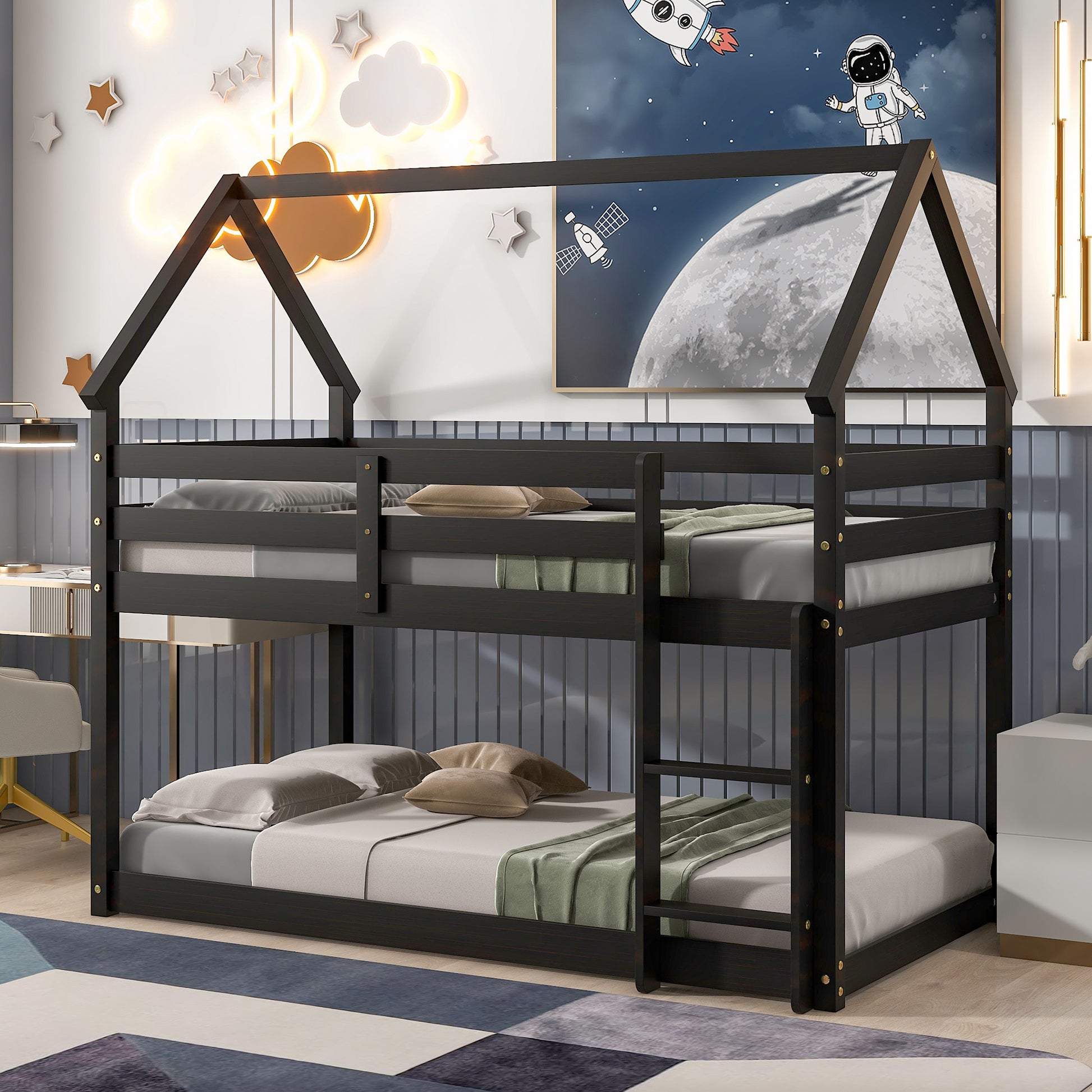 Twin Over Twin Loft Bed With Roof Design, Safety Guardrail, Ladder, Espresso Espresso Pine