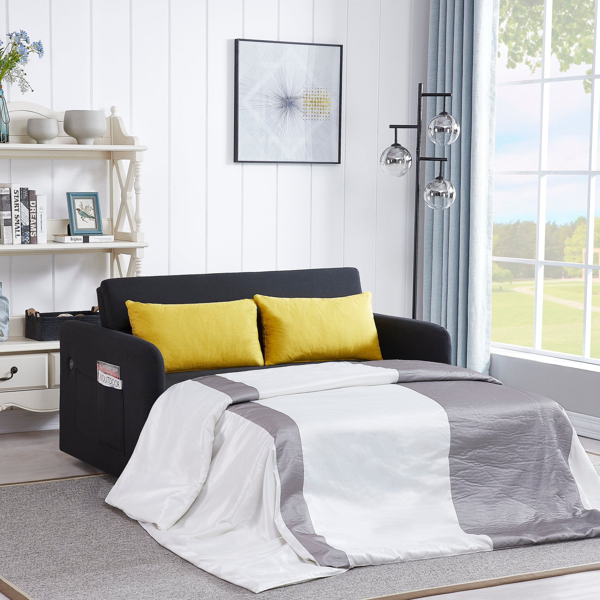 Twins Sofa Bed Black Fabric Black Foam Fabric