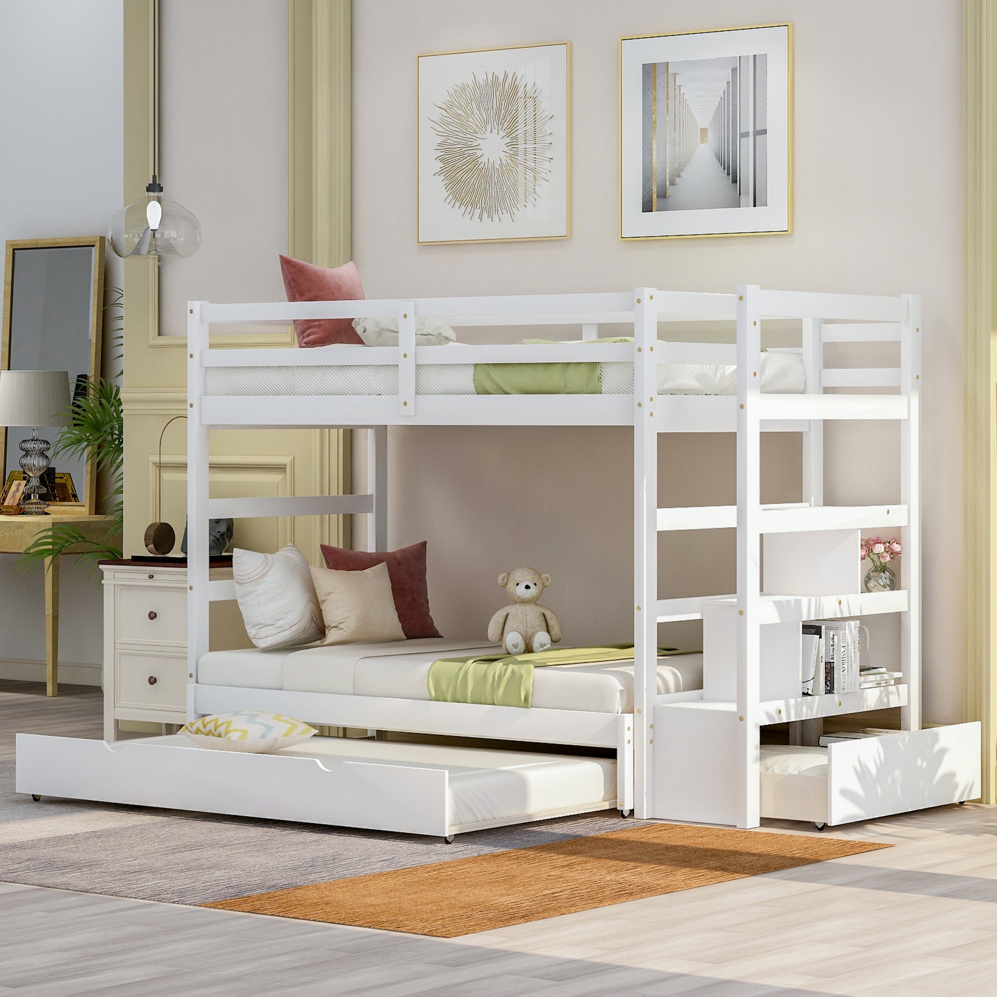 Twin Over Twin King Irregular King Size Bunk Bed With Twin Size Trundle, Extendable Bunk Bed White Old Sku :Lp000032Aak White Solid Wood