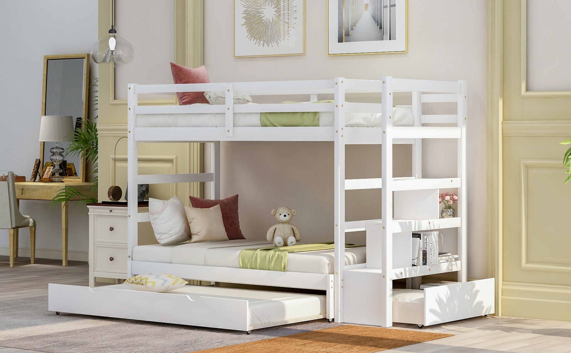 Twin Over Twin King Irregular King Size Bunk Bed With Twin Size Trundle, Extendable Bunk Bed White Old Sku :Lp000032Aak White Solid Wood