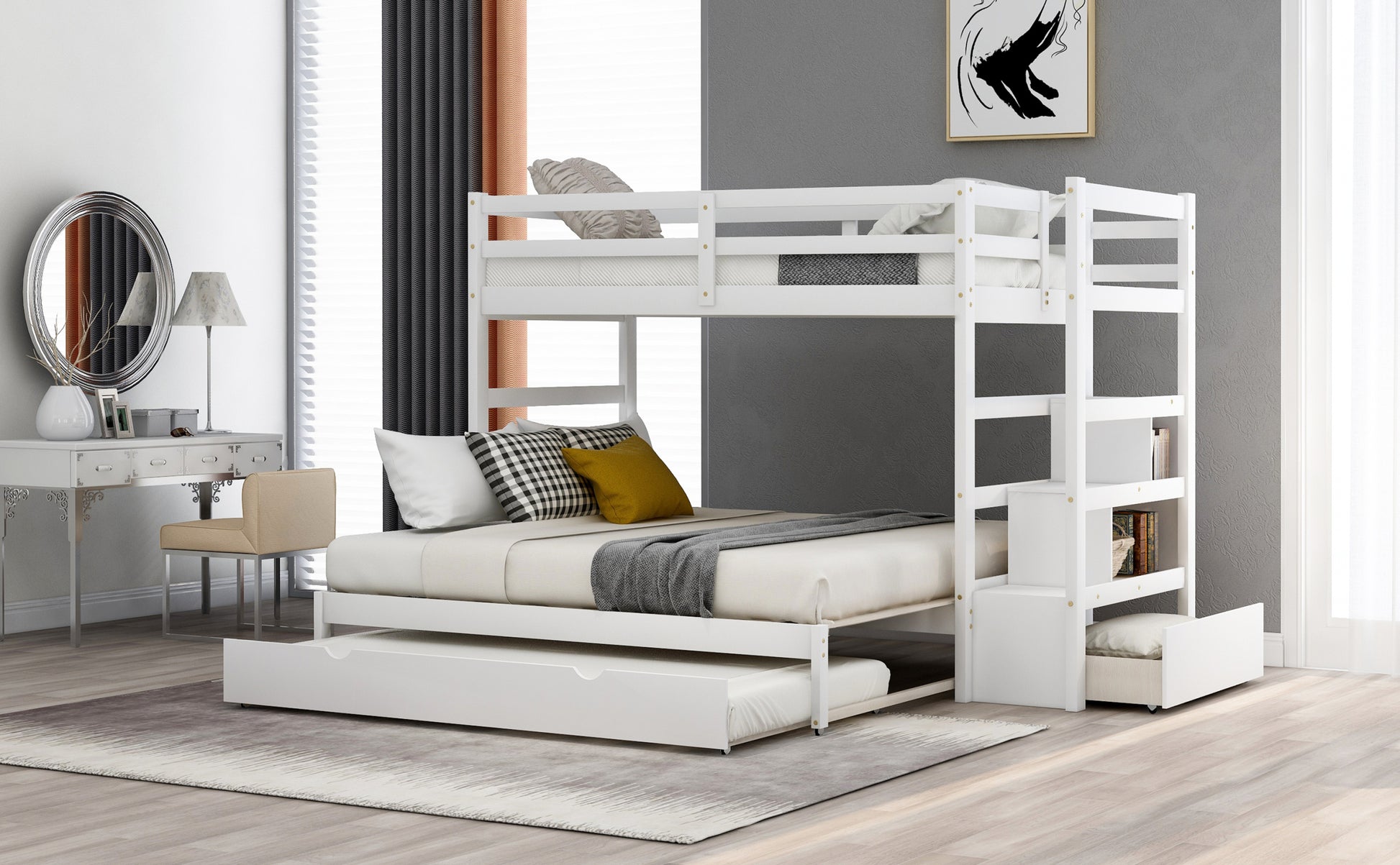 Twin Over Twin King Irregular King Size Bunk Bed With Twin Size Trundle, Extendable Bunk Bed White Old Sku :Lp000032Aak White Solid Wood