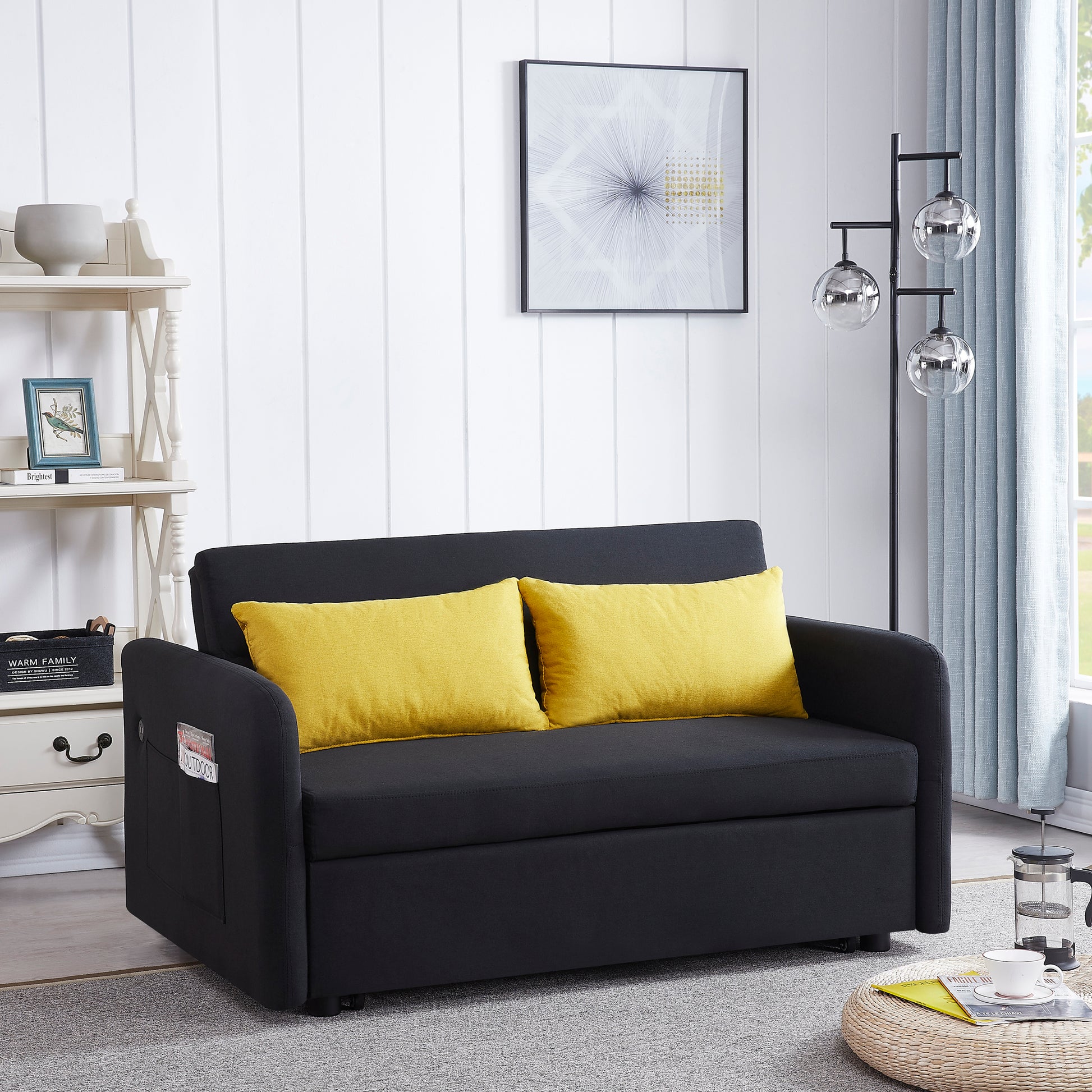 Twins Sofa Bed Black Fabric Black Foam Fabric