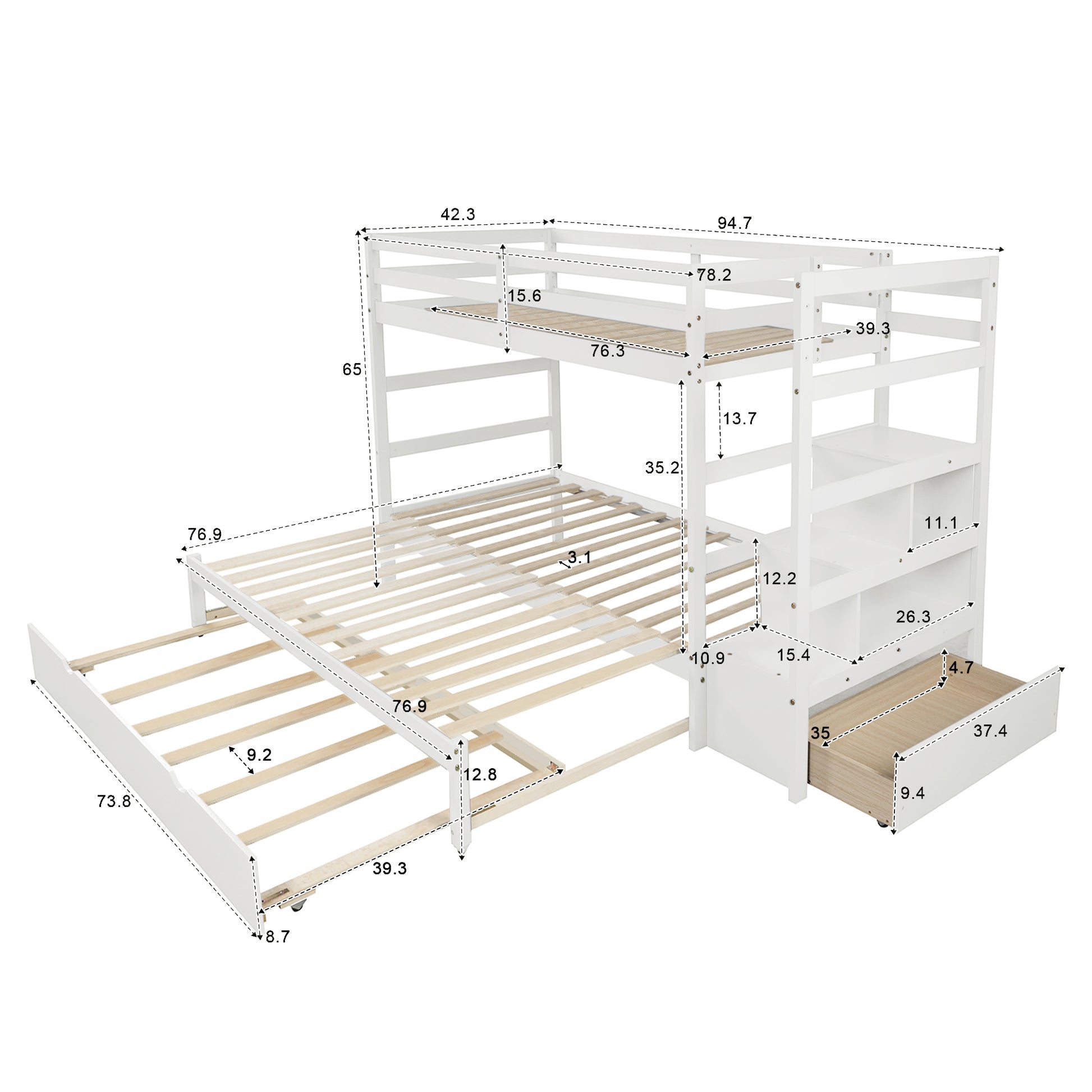 Twin Over Twin King Irregular King Size Bunk Bed With Twin Size Trundle, Extendable Bunk Bed White Old Sku :Lp000032Aak White Solid Wood