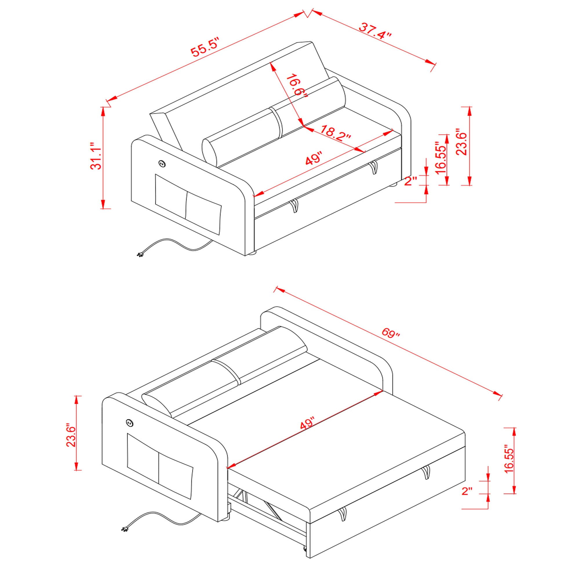 Twins Sofa Bed Cream White Fabric Cream White Foam Fabric