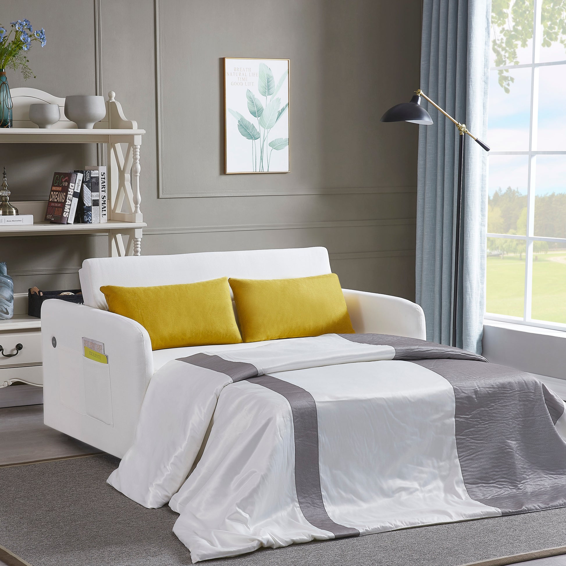 Twins Sofa Bed Cream White Fabric Cream White Foam Fabric
