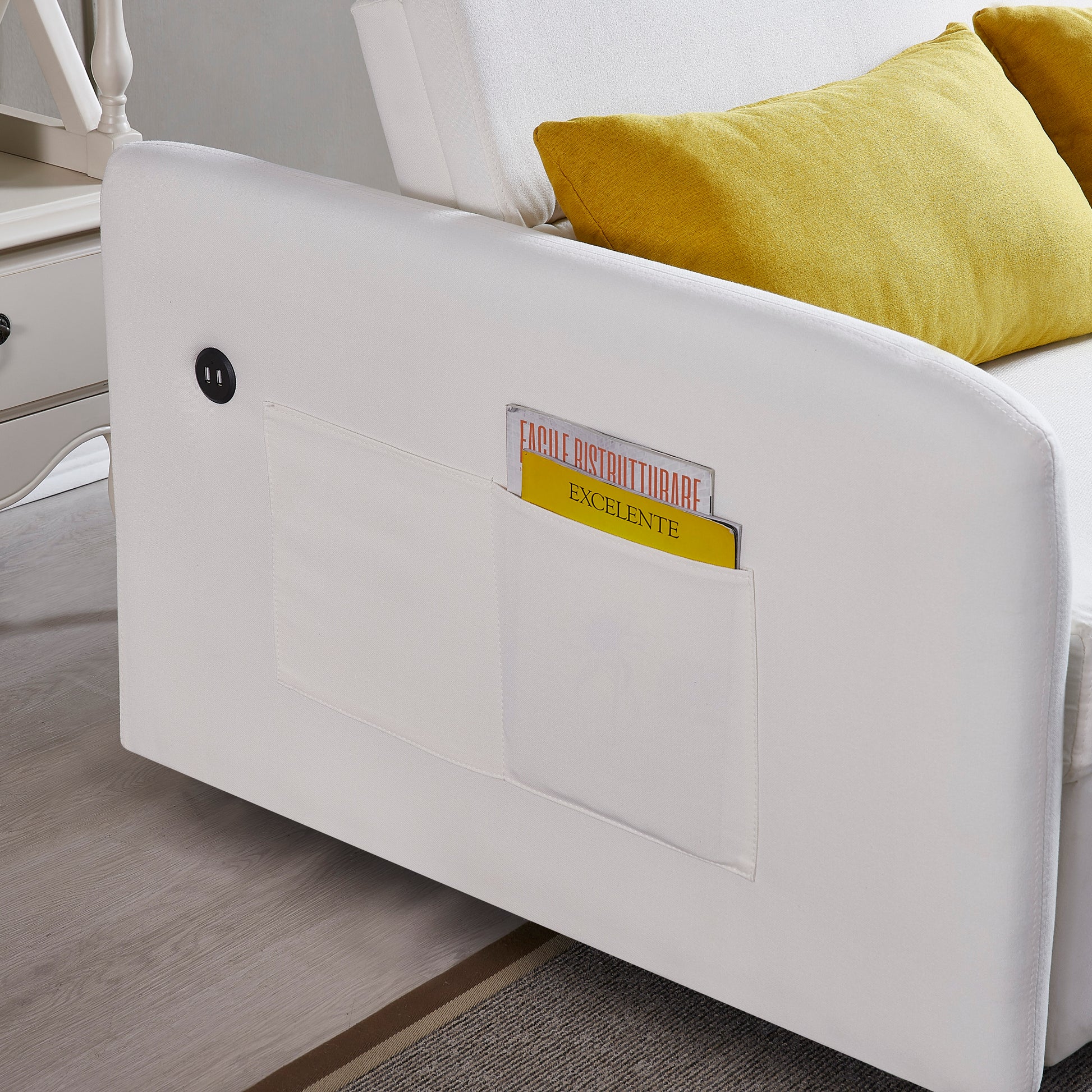 Twins Sofa Bed Cream White Fabric Cream White Foam Fabric