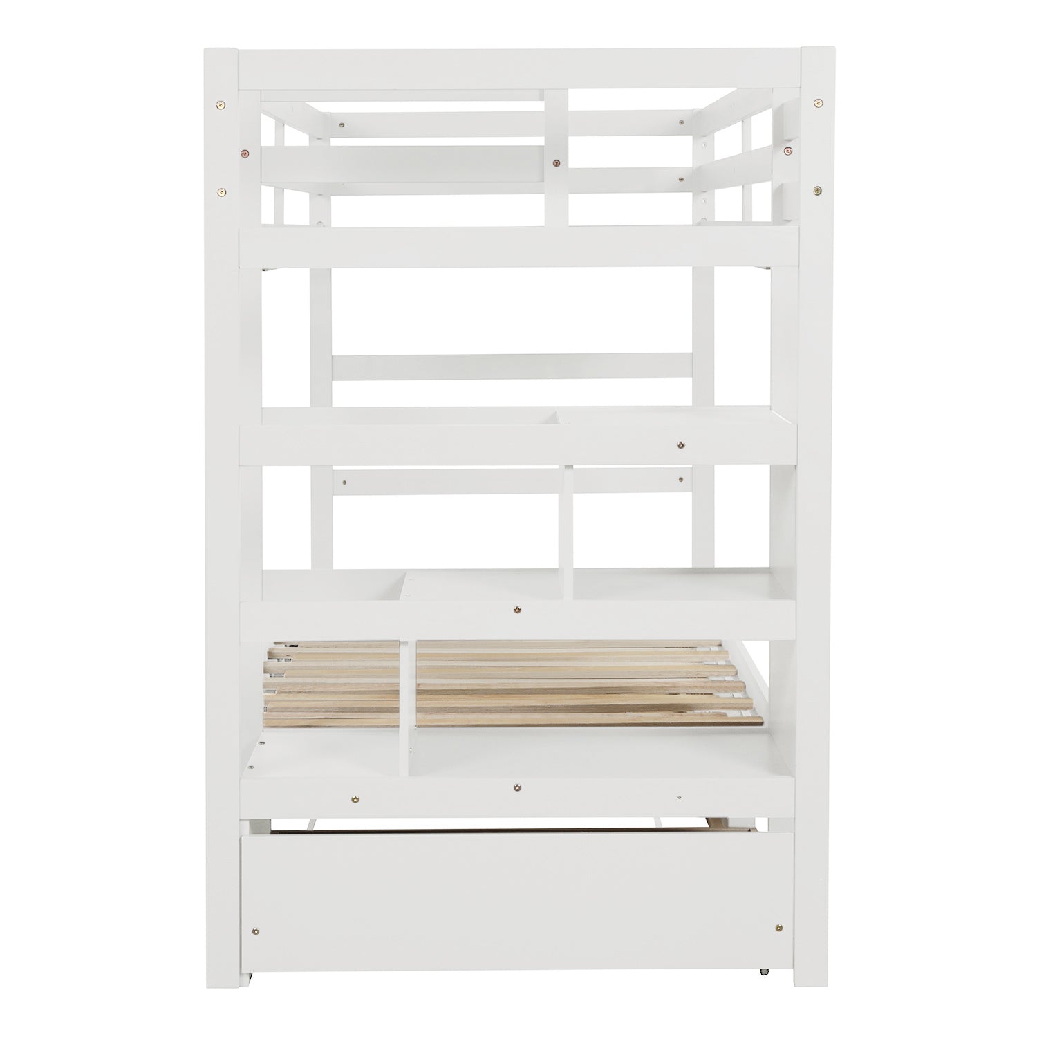 Twin Over Twin King Irregular King Size Bunk Bed With Twin Size Trundle, Extendable Bunk Bed White Old Sku :Lp000032Aak White Solid Wood