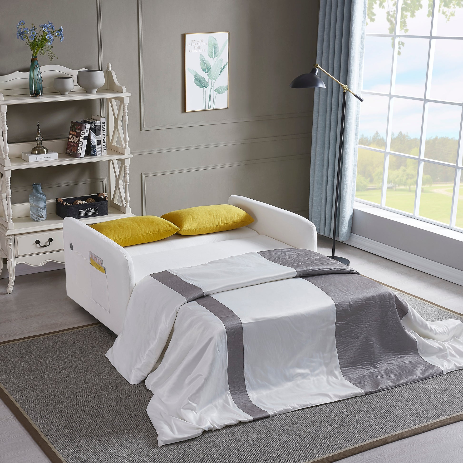 Twins Sofa Bed Cream White Fabric Cream White Foam Fabric