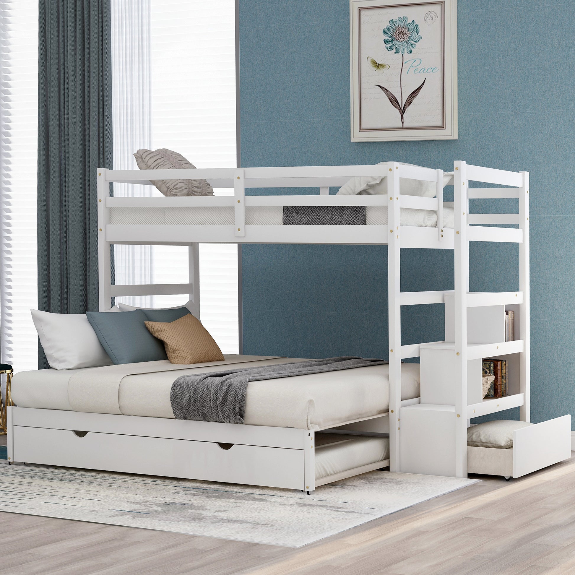 Twin Over Twin King Irregular King Size Bunk Bed With Twin Size Trundle, Extendable Bunk Bed White Old Sku :Lp000032Aak White Solid Wood