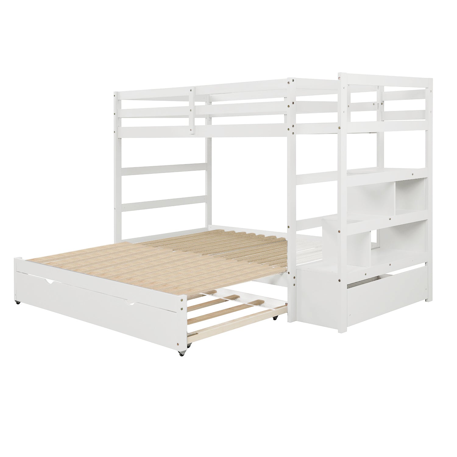 Twin Over Twin King Irregular King Size Bunk Bed With Twin Size Trundle, Extendable Bunk Bed White Old Sku :Lp000032Aak White Solid Wood