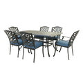 Aluminum 7 Piece Rectangular Dining Set With 6 Arm Chairs, Sapphire Blue Brown Blue Polyester Aluminum