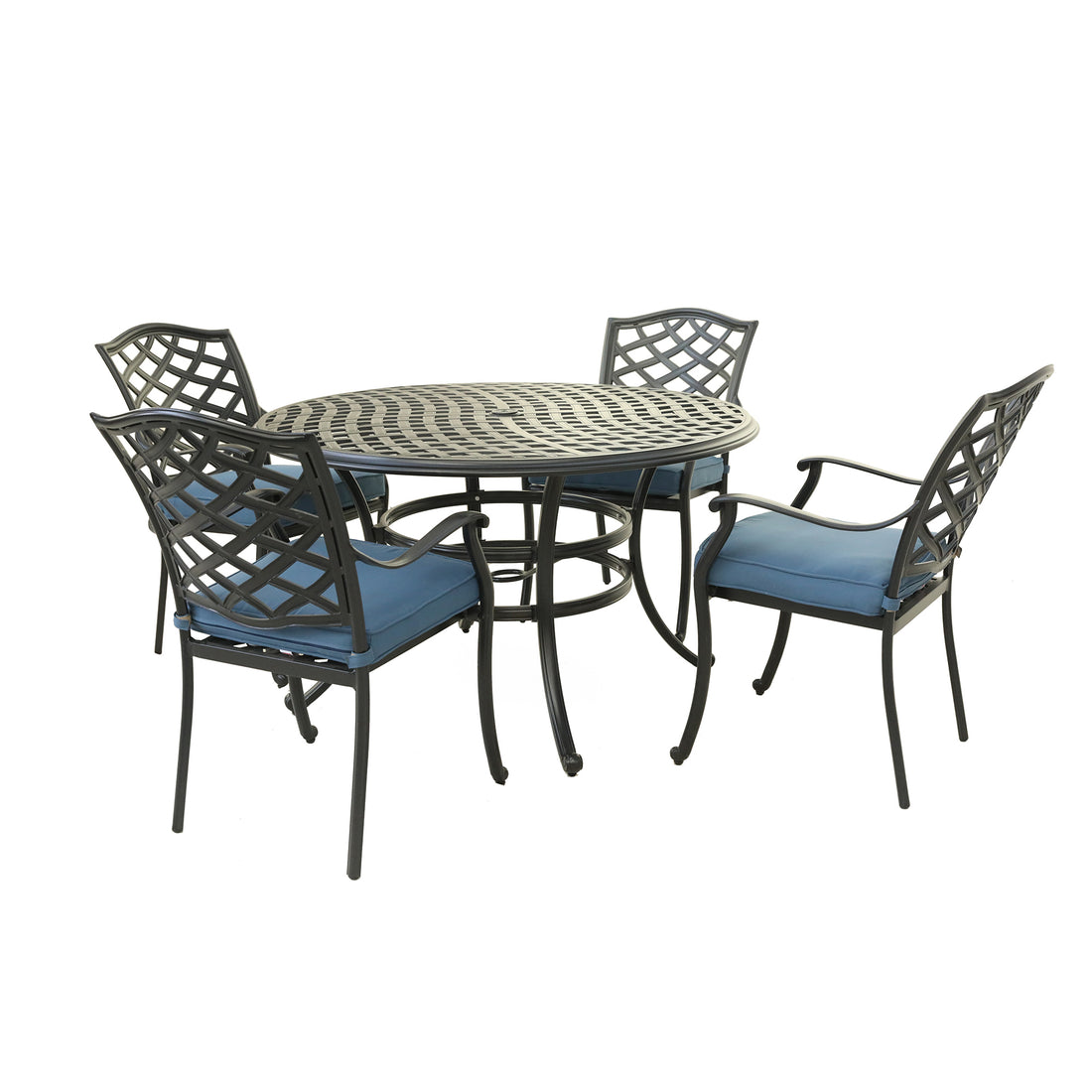 Aluminum 5 Piece Round Dining Set With 4 Arm Chairs, Sapphire Blue Brown Blue Polyester Aluminum