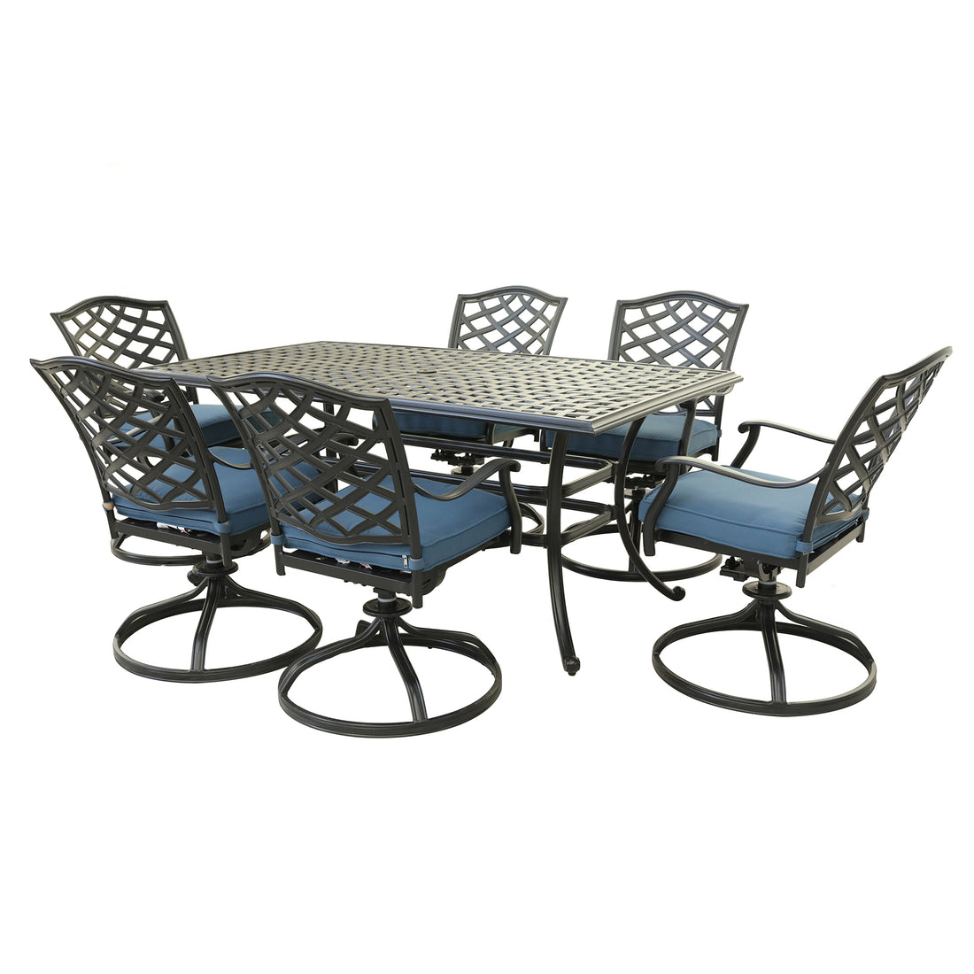 Aluminum 7 Piece Rectangular Dining Set With 6 Swivel Rockers, Sapphire Blue Brown Blue Polyester Aluminum