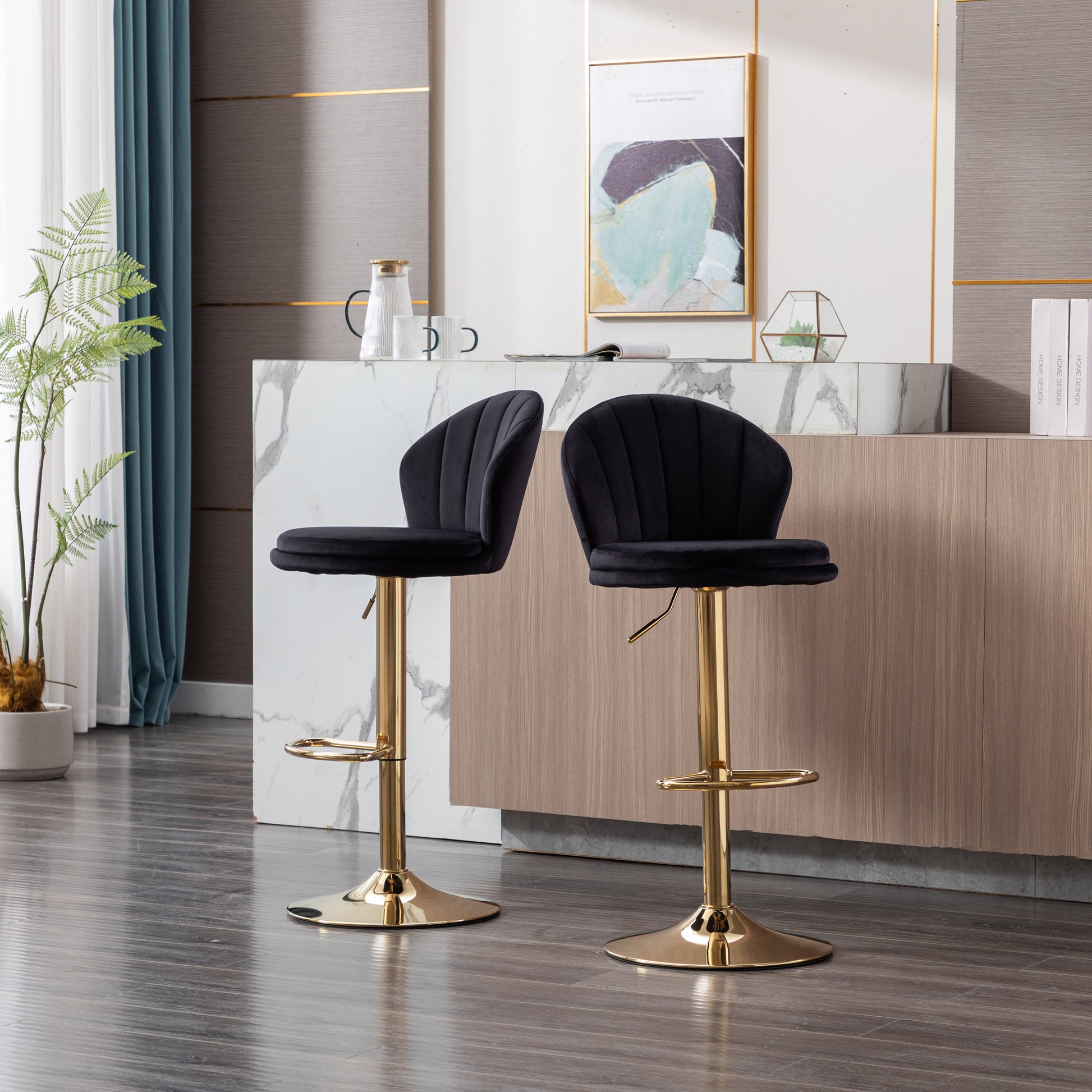 Set Of 2 Bar Stools,With Chrome Footrest And Base Swivel Height Adjustable Mechanical Lifting Velvet Golden Leg Simple Bar Stool Black Black Foam Fabric
