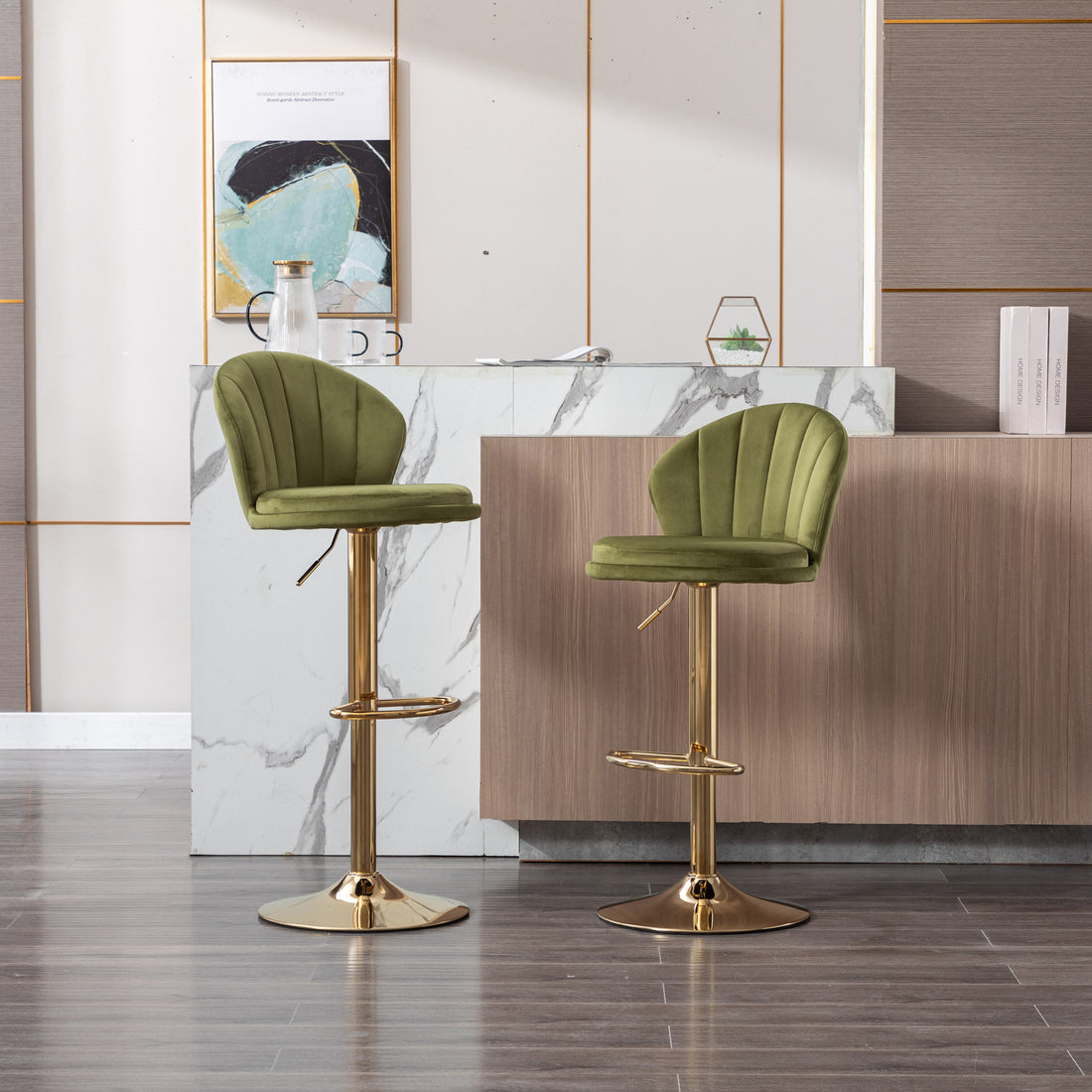 Set Of 2 Bar Stools,With Chrome Footrest And Base Swivel Height Adjustable Mechanical Lifting Velvet Golden Leg Simple Bar Stool Light Green Light Green Foam Fabric