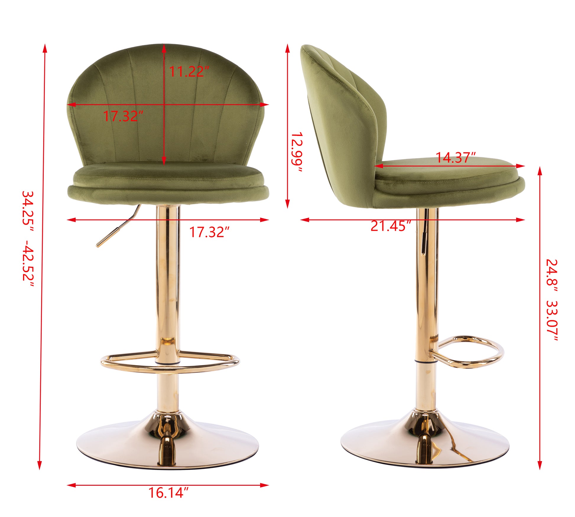 Set Of 2 Bar Stools,With Chrome Footrest And Base Swivel Height Adjustable Mechanical Lifting Velvet Golden Leg Simple Bar Stool Light Green Light Green Foam Fabric