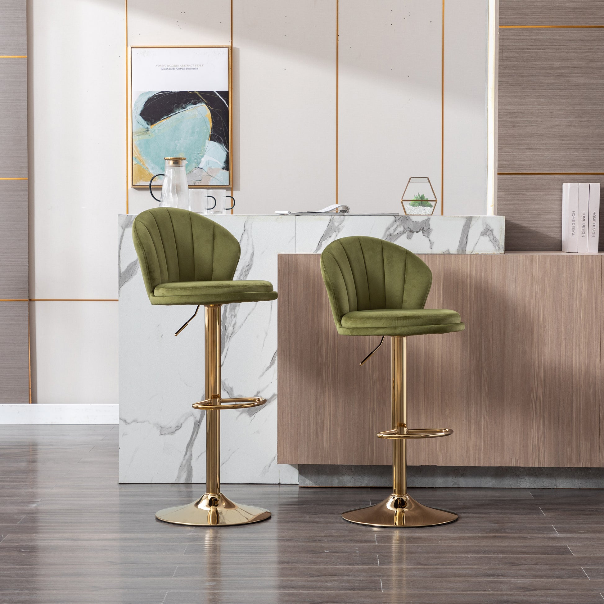 Set Of 2 Bar Stools,With Chrome Footrest And Base Swivel Height Adjustable Mechanical Lifting Velvet Golden Leg Simple Bar Stool Light Green Light Green Foam Fabric