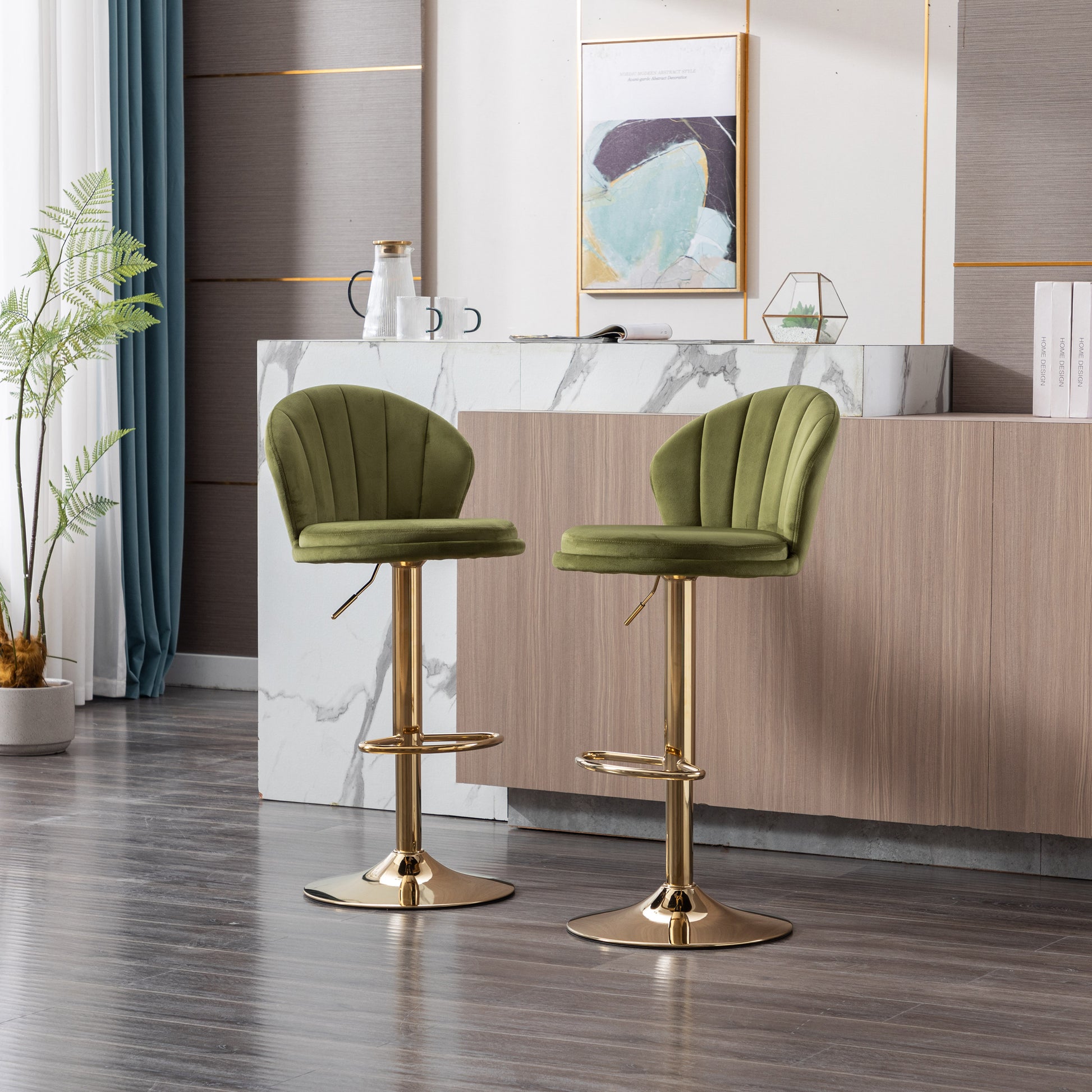 Set Of 2 Bar Stools,With Chrome Footrest And Base Swivel Height Adjustable Mechanical Lifting Velvet Golden Leg Simple Bar Stool Light Green Light Green Foam Fabric