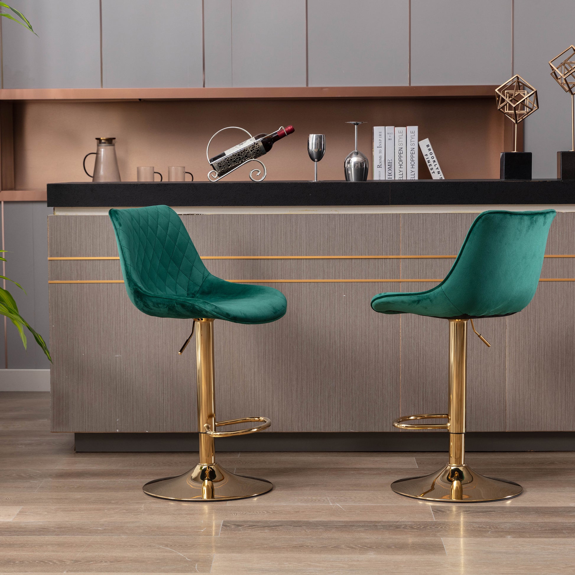 Set Of 2 Bar Stools,With Chrome Footrest And Base Swivel Height Adjustable Mechanical Lifting Velvet Golden Leg Simple Bar Stool Green Green Foam Fabric