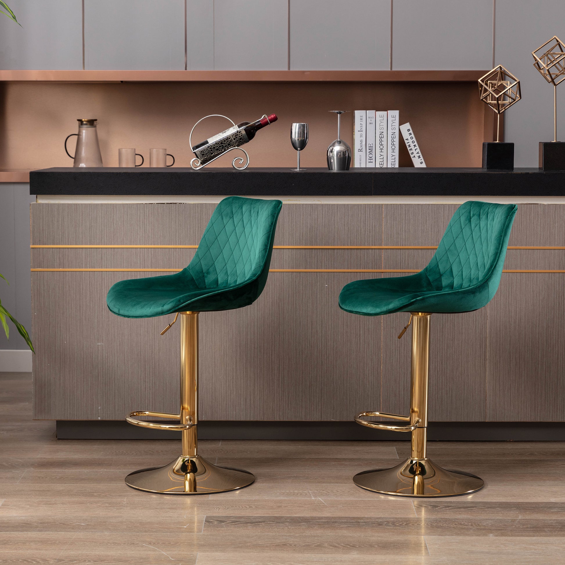 Set Of 2 Bar Stools,With Chrome Footrest And Base Swivel Height Adjustable Mechanical Lifting Velvet Golden Leg Simple Bar Stool Green Green Foam Fabric