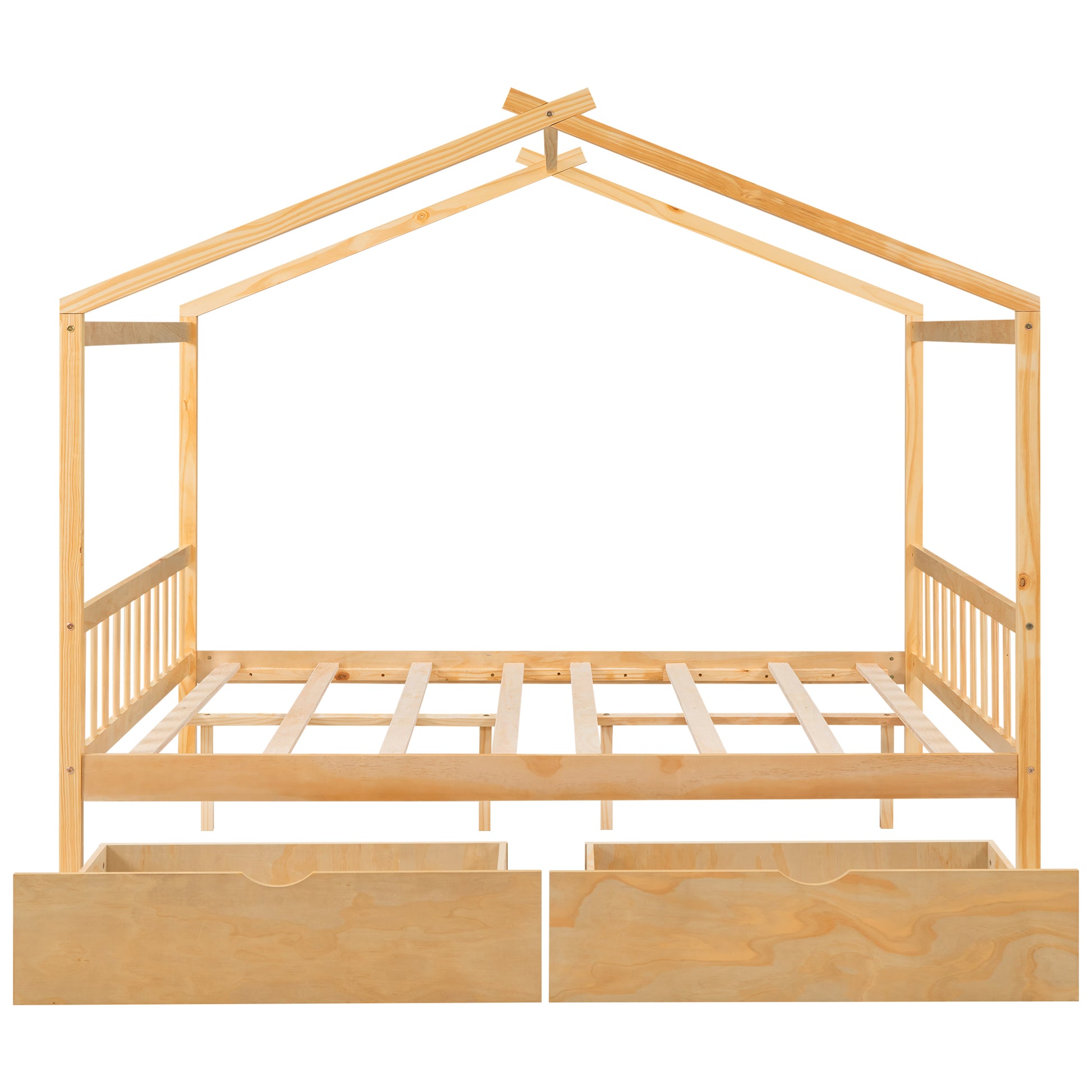 Full Size House Platform Bed With Two Drawers,Headboard And Footboard,Roof Design,Natural Natural Pine