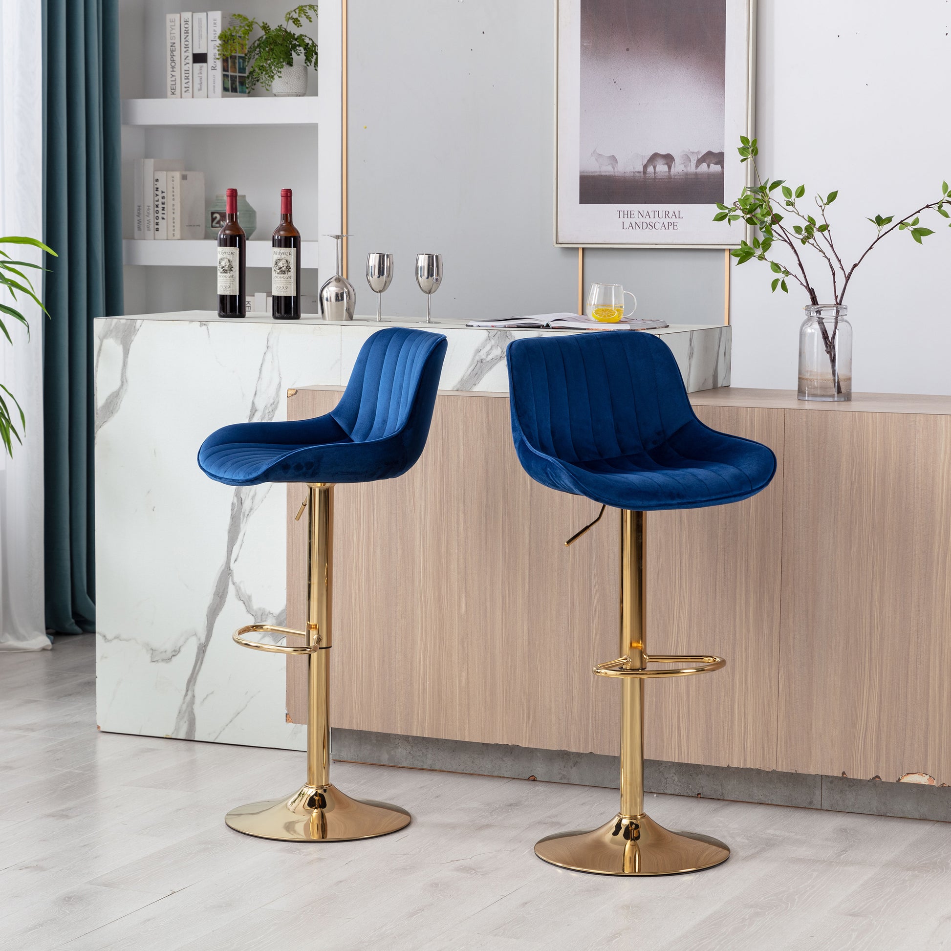 Chrome Footrest And Base Swivel Height Adjustable Mechanical Lifting Velvet Golden Leg Simple Bar Stool,Set Of 2,Navy Navy Foam Fabric