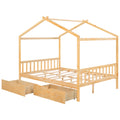 Full Size House Platform Bed With Two Drawers,Headboard And Footboard,Roof Design,Natural Natural Pine