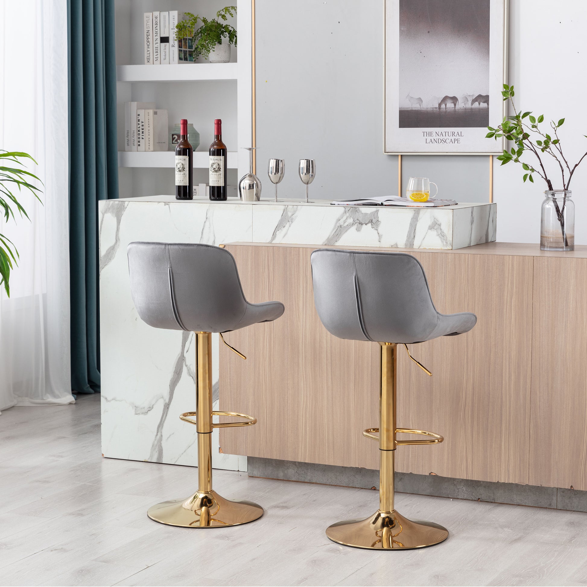 Chrome Footrest And Base Swivel Height Adjustable Mechanical Lifting Velvet Golden Leg Simple Bar Stool,Set Of 2,Grey Grey Foam Fabric