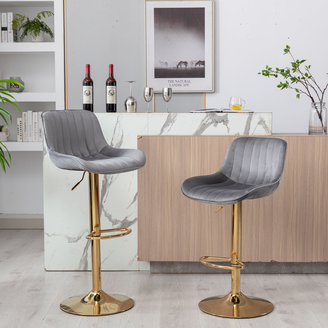 Chrome Footrest And Base Swivel Height Adjustable Mechanical Lifting Velvet Golden Leg Simple Bar Stool,Set Of 2,Grey Grey Foam Fabric