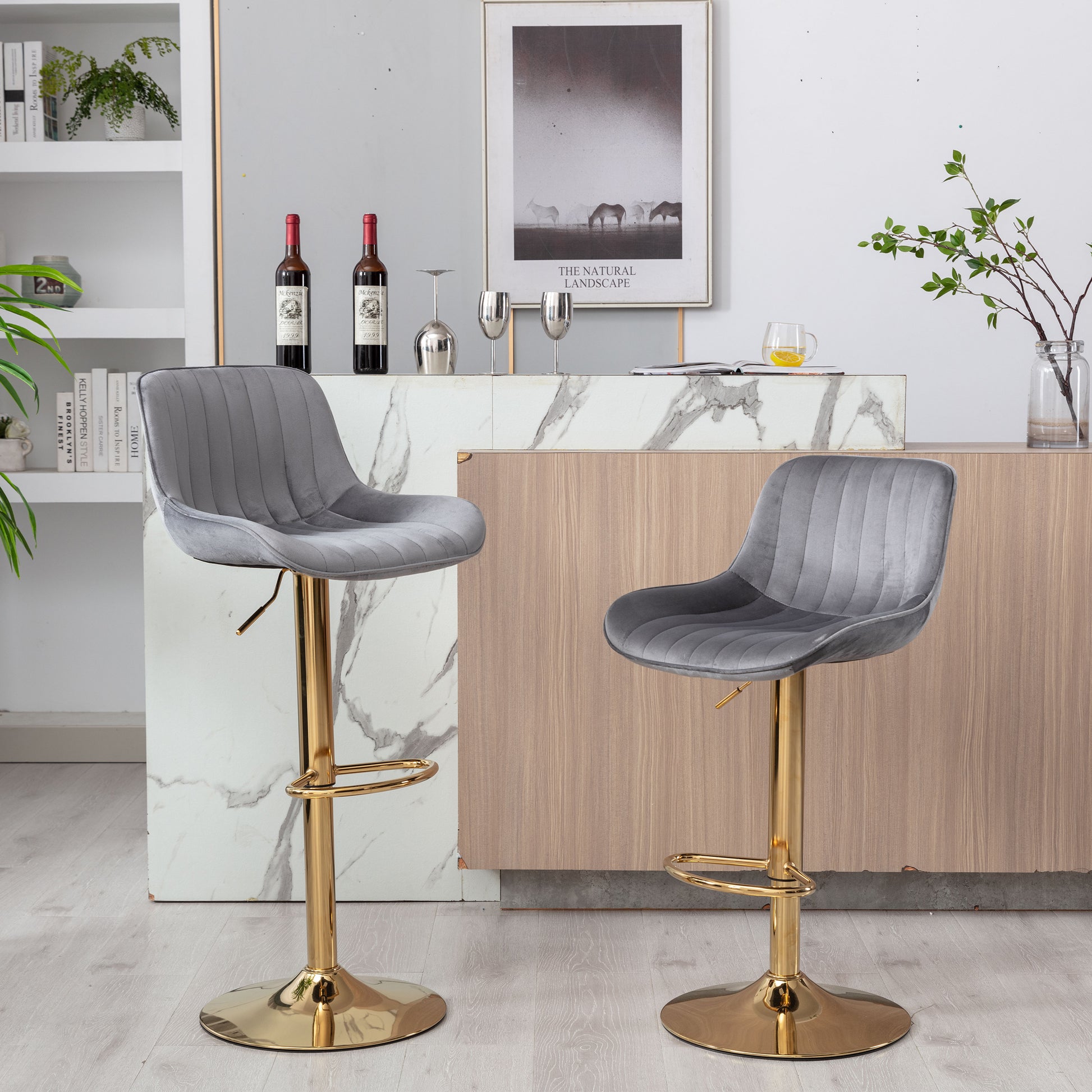 Chrome Footrest And Base Swivel Height Adjustable Mechanical Lifting Velvet Golden Leg Simple Bar Stool,Set Of 2,Grey Grey Foam Fabric