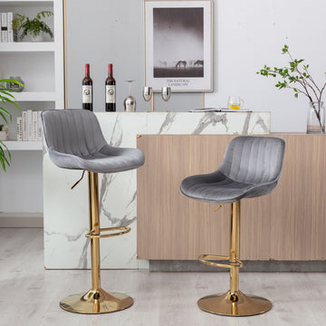 Chrome Footrest And Base Swivel Height Adjustable Mechanical Lifting Velvet Golden Leg Simple Bar Stool,Set Of 2,Grey Grey Foam Fabric