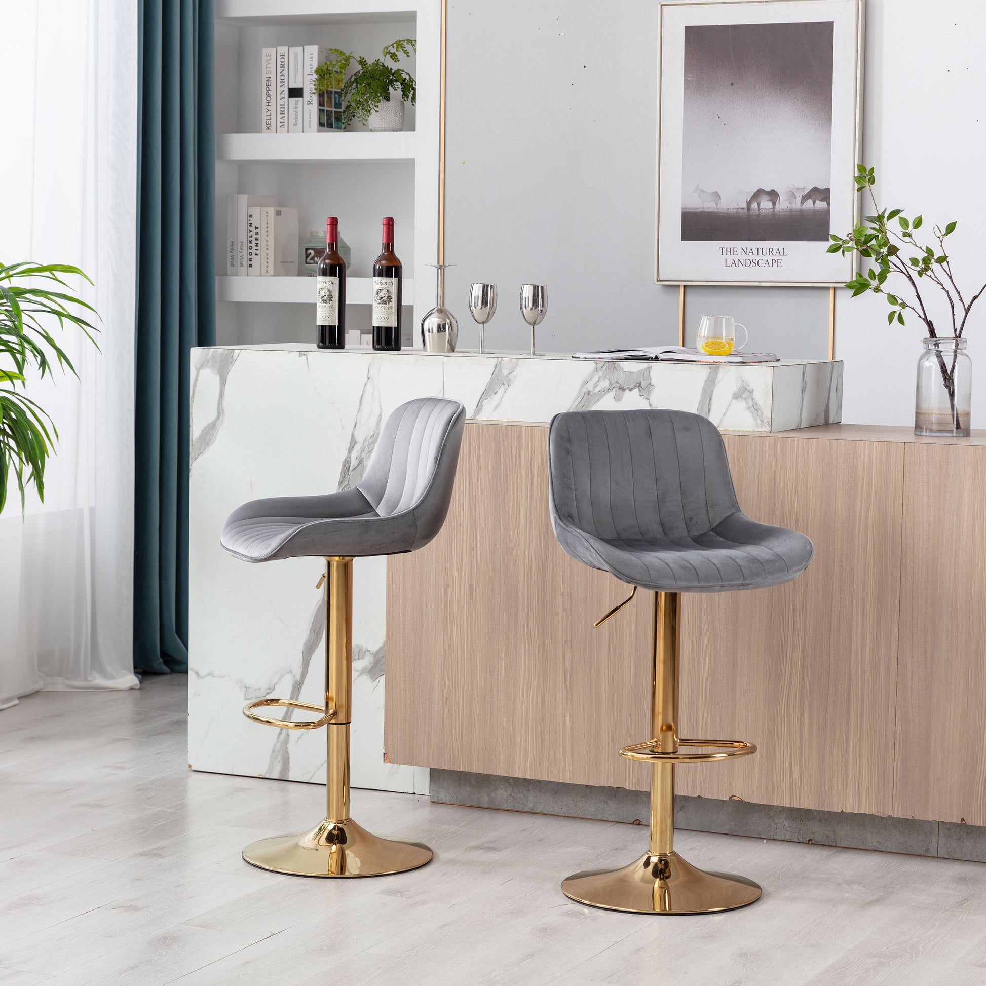 Chrome Footrest And Base Swivel Height Adjustable Mechanical Lifting Velvet Golden Leg Simple Bar Stool,Set Of 2,Grey Grey Foam Fabric