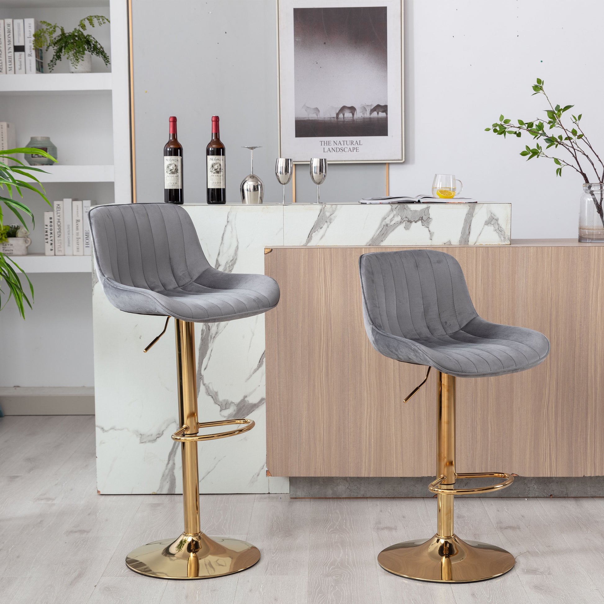 Chrome Footrest And Base Swivel Height Adjustable Mechanical Lifting Velvet Golden Leg Simple Bar Stool,Set Of 2,Grey Grey Foam Fabric